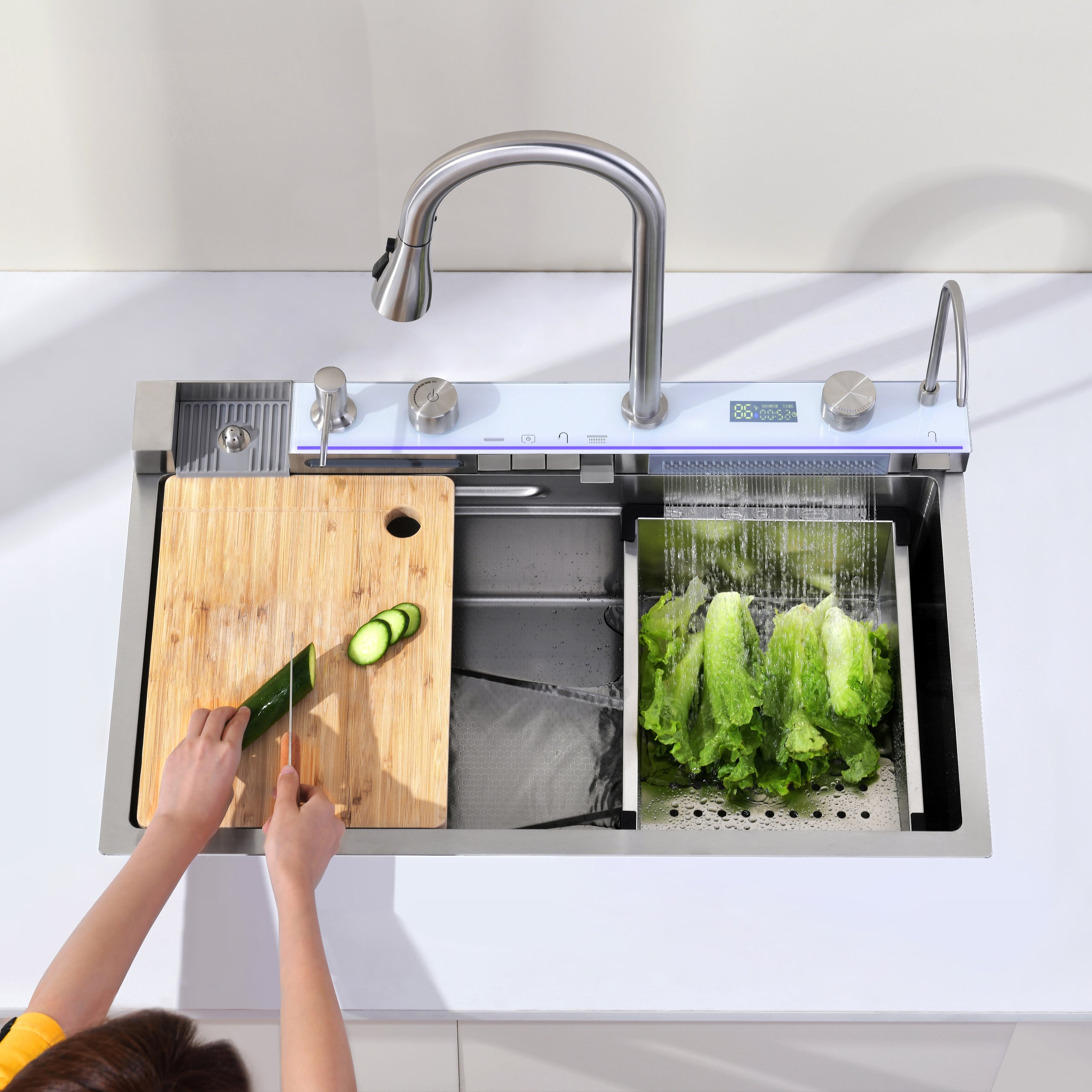 Dark Gray 304 Stainless Steel Sink with Pull-Out Faucet | Whale Waterfall Single Bowl Kitchen Sink