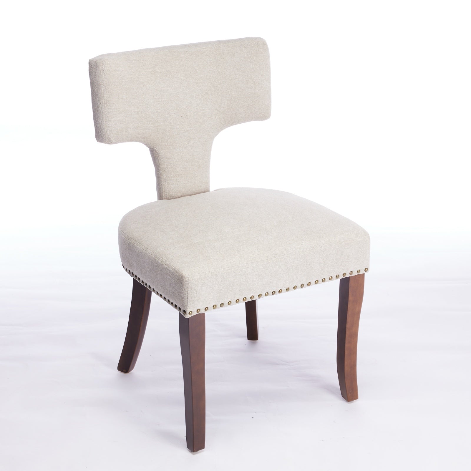 Mid Century Modern Dining Chairs Set of 2, Farmhouse Linen Fabric Upholstered Accent Chair Curved Backrest with Copper Nails around,Kitchen Chairs with Hardwood Frame, Beige