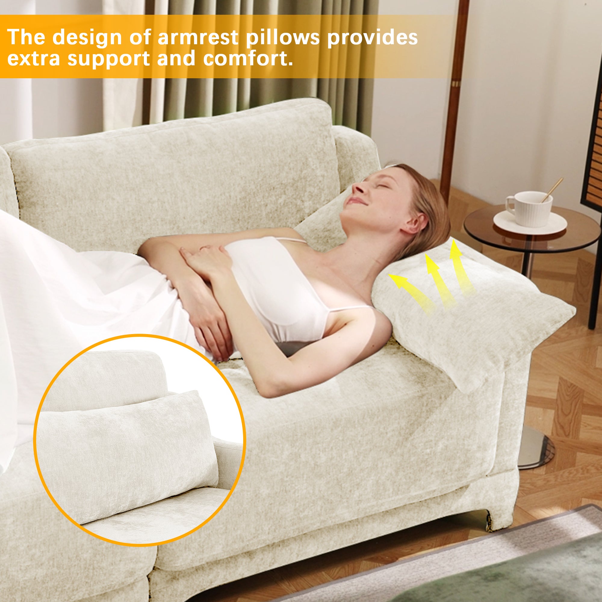 Three-Seater Sofa with 2 Movable Ottomans & Lumbar Pillow – Beige Chenille Fabric, High-Resilience Sponge, Wooden Base, Elegant Armrests, Easy Assembly – Ideal for Living Rooms & Studies