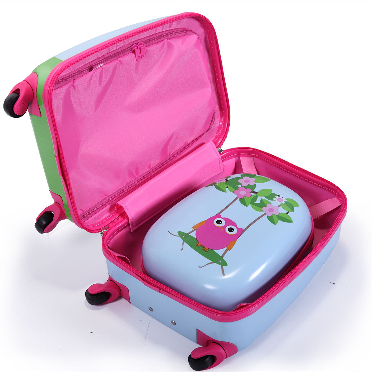 2 PCS Kids Luggage Set, 12' Backpack and 16' Spinner Case with 4 Universal Wheels, Travel Suitcase for Boys Girls, Light Blue with Animal Patterns