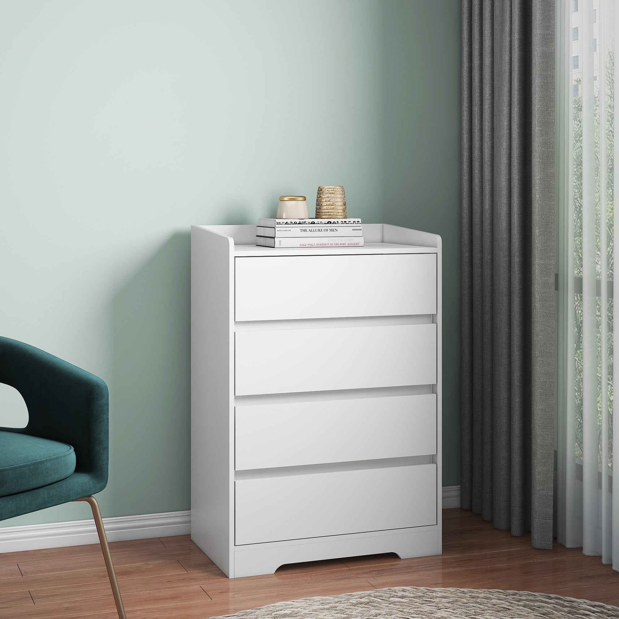 4 Drawer Dresser, Chest of Drawers Without Handle, White Dresser for Bedroom 100% Waterproof, Modern Wooden Cabinet with Sturdy Frame for Living Room, Entryway, Bedroom, Hallway, Office