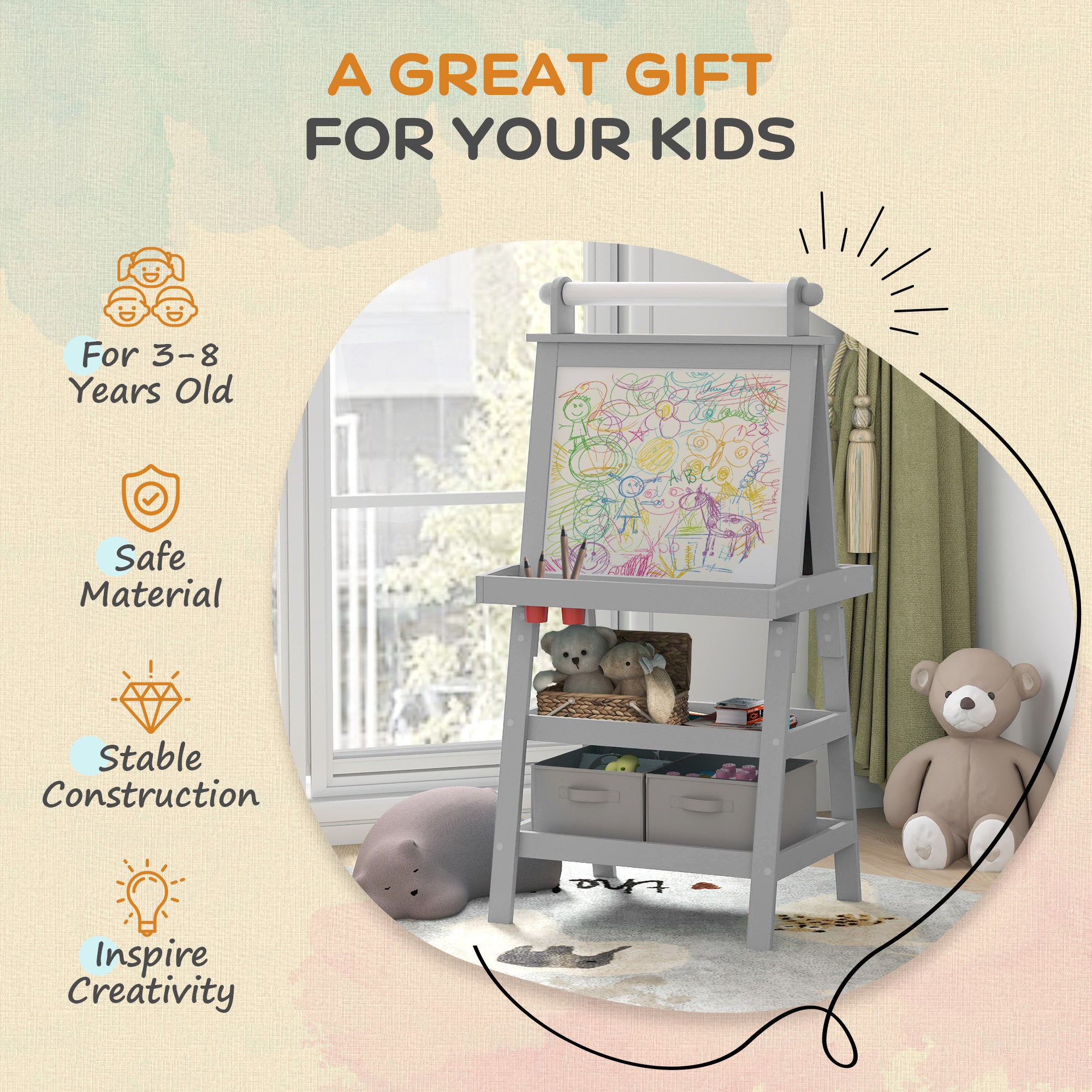 Qaba Double-Sided Kids Art Easel | Magnetic Whiteboard, Chalkboard & Paper Roll (Gray)