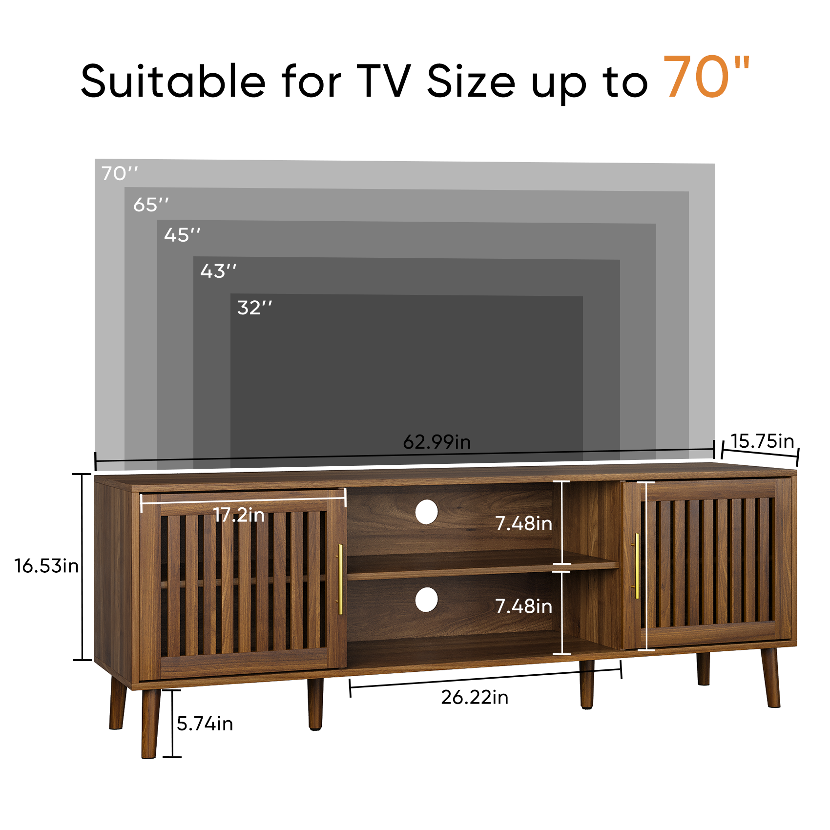63-Inch Walnut TV Stand – Mid-Century Modern Entertainment Center with 2 Grille Door Cabinets & Adjustable Storage Rack, Fits 55/65/70 Inch TVs