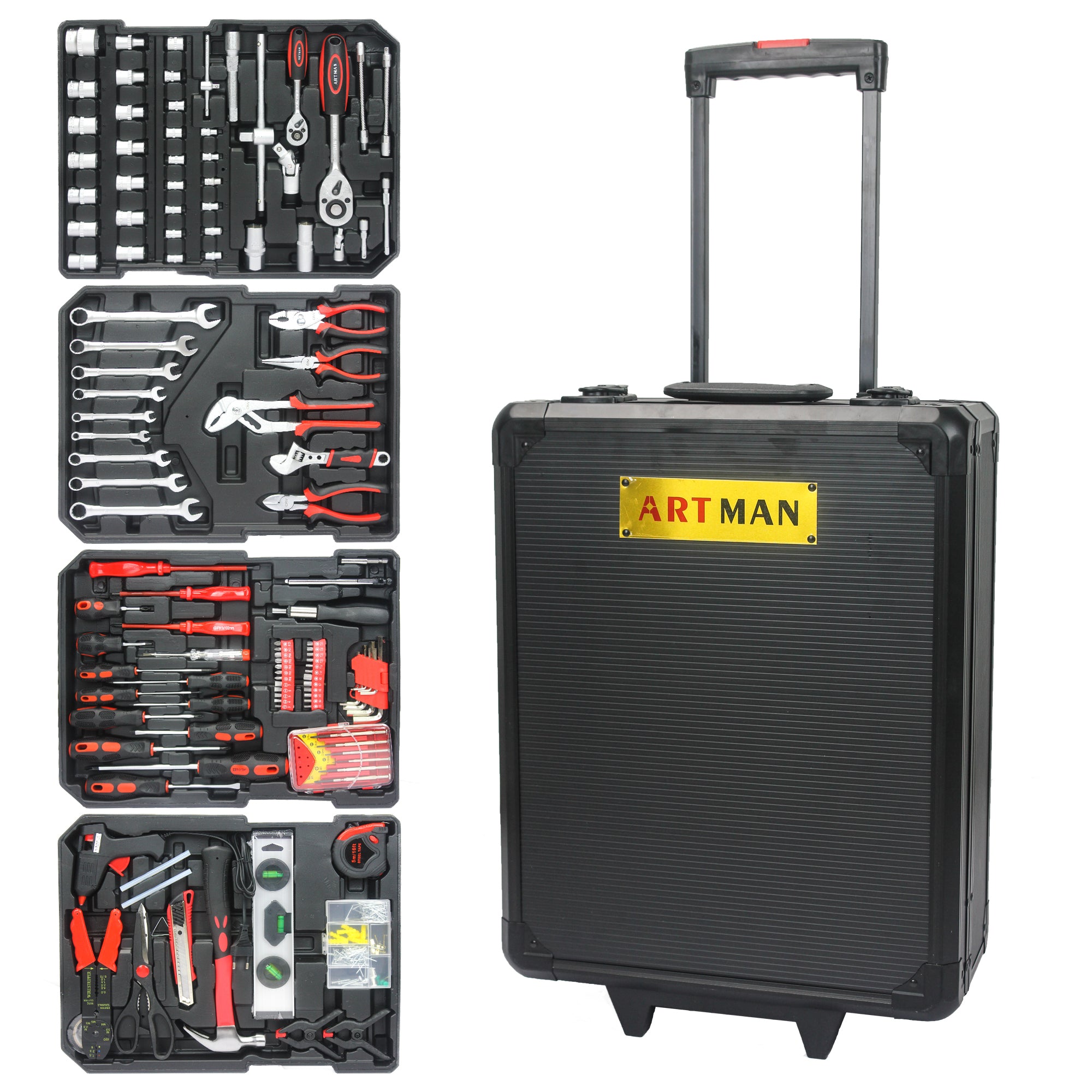 899-Piece Home Repair Tool Set with Rolling Plastic Toolbox, 4 Drawers, General Household Maintenance Kit for Garden, Homeowner, Handyman, Black