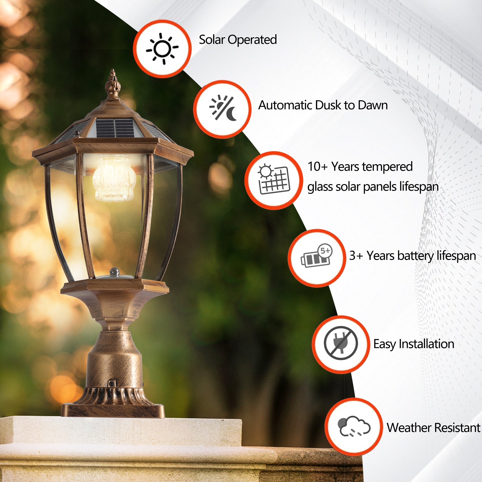 20'(H) Golden Solar Powered LED Outdoor Lantern, Vintage Garden Light with Elegant Glass Design for Pathways, Yards, and Patios (2-Pack)
