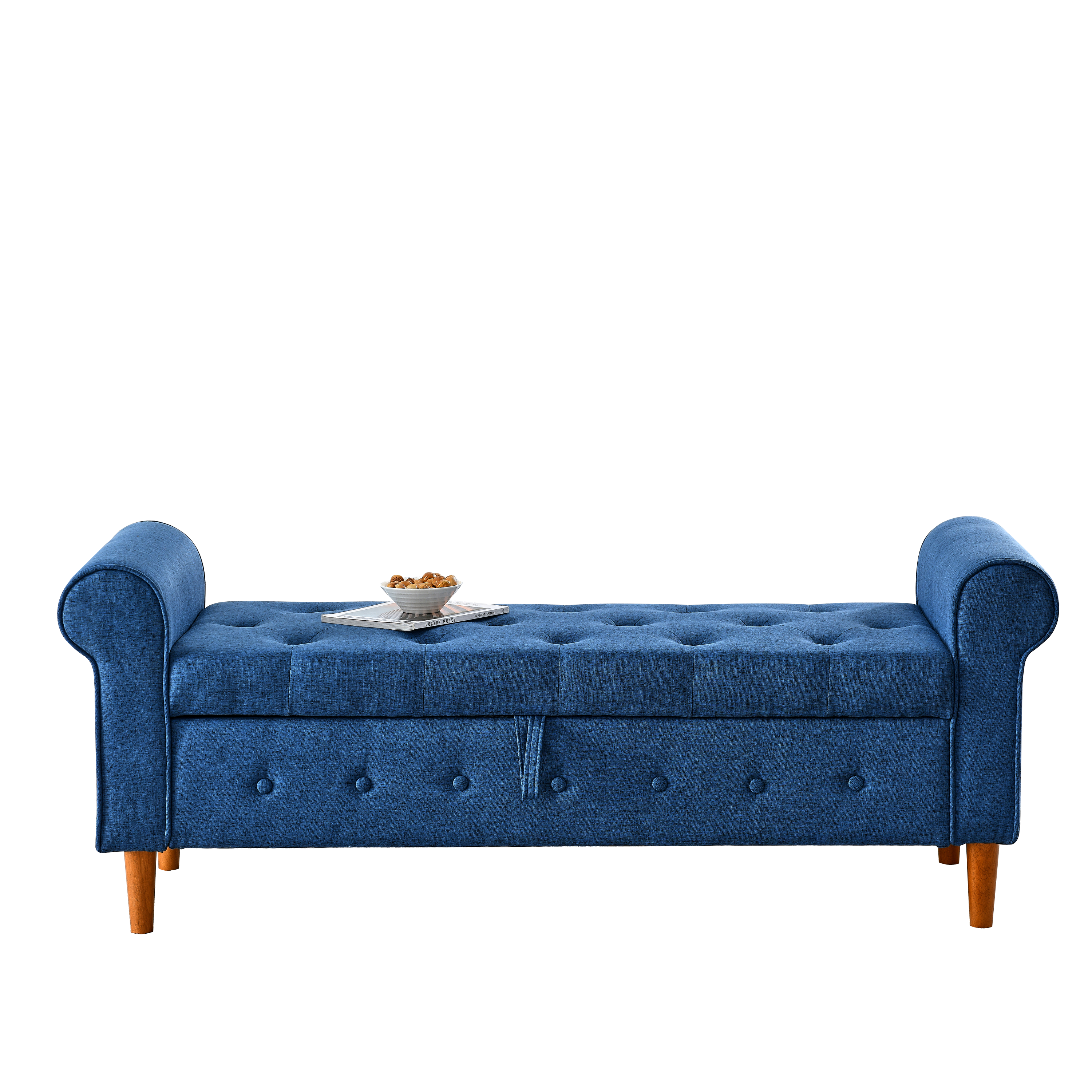 62" Bedroom Tufted Button Storage Bench, Modern Fabric Upholstered Ottoman, Window Bench, Rolled Arm Design for Bedroom, Living Room, Foyer (Blue)