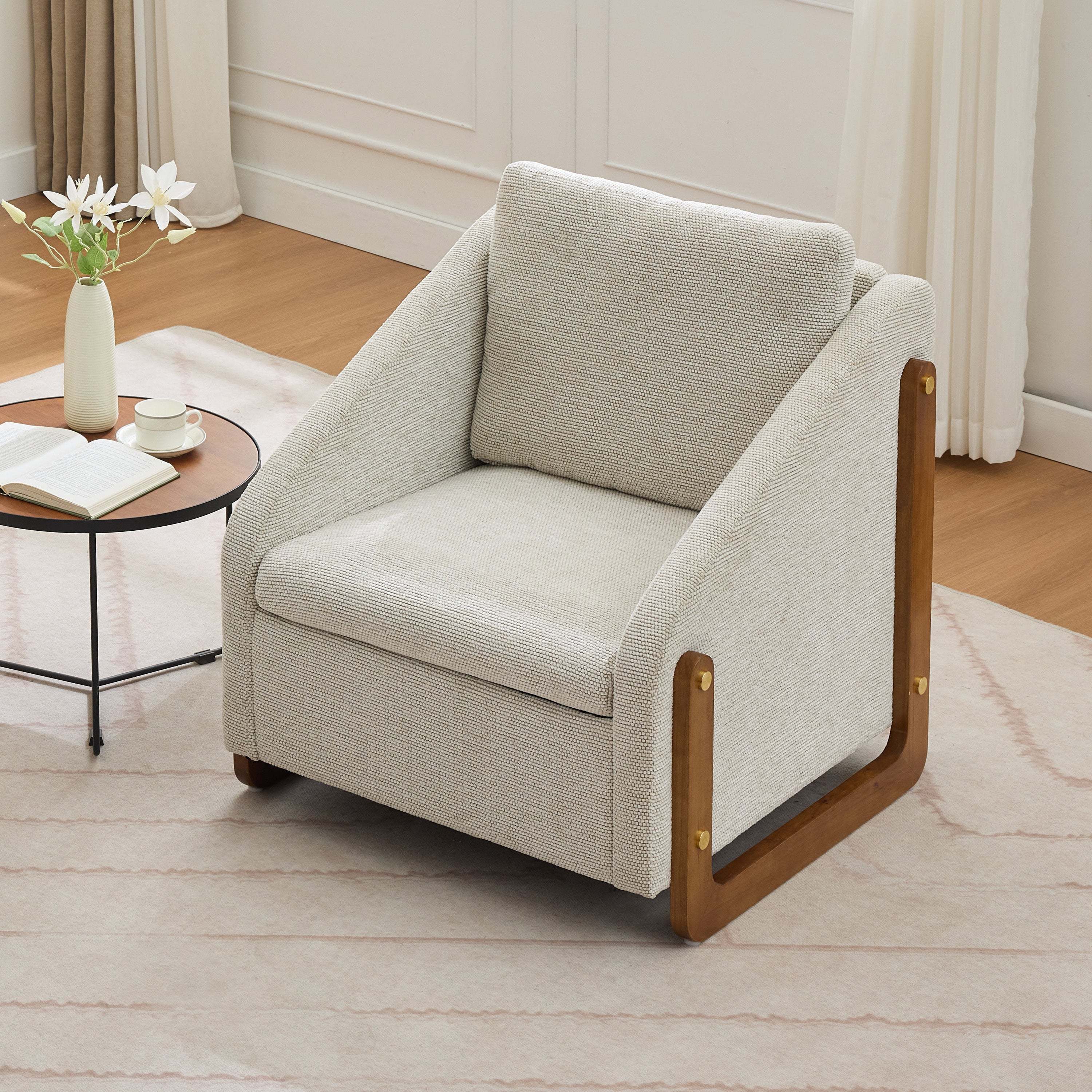 057-Set of 1 Chenille Fabric Modern Upholstered Armchair with Wooden Side Frame , Accent Leisure Chair with Cushioned Seat and Backrest for Living Room, Bedroom,Beige