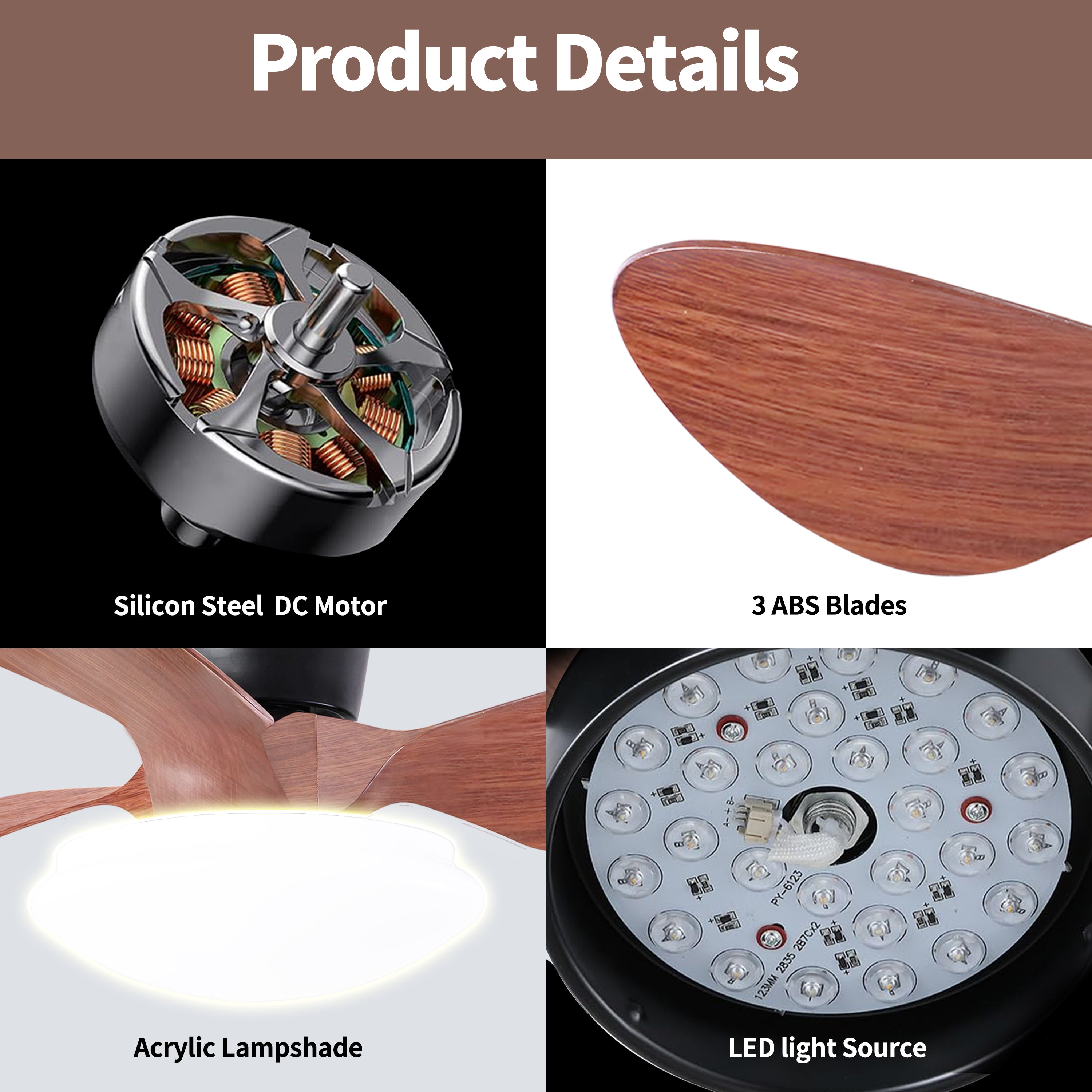 24'' walnut Small Ceiling Fan with Lights and Remote  LED 18W Modern  Flush Mount Ceiling Fan Adjustable Color,DC Quiet Motor Low Profile Ceiling Fan for Bedroom Kitchen Dining Patio,FCC