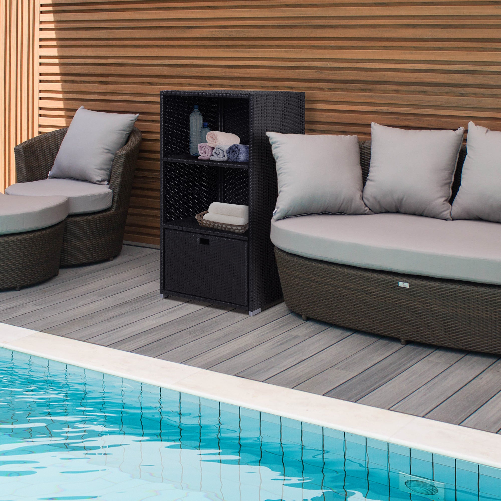 Outsunny Waterproof Rattan Wicker Pool Towel Rack | 2-Shelf Outdoor Spa Storage (Espresso)