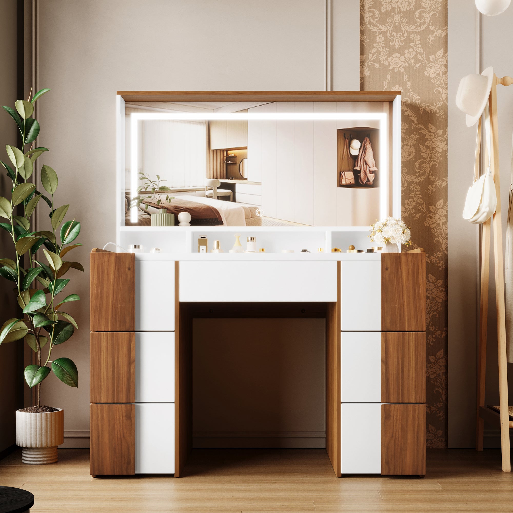 4.4" Elegant Vanity Table with Lighted Mirror & Power Outlet – Makeup Dressing Table with 7 Drawers, Storage Shelves, and Brown Solid Wood-Style Finish