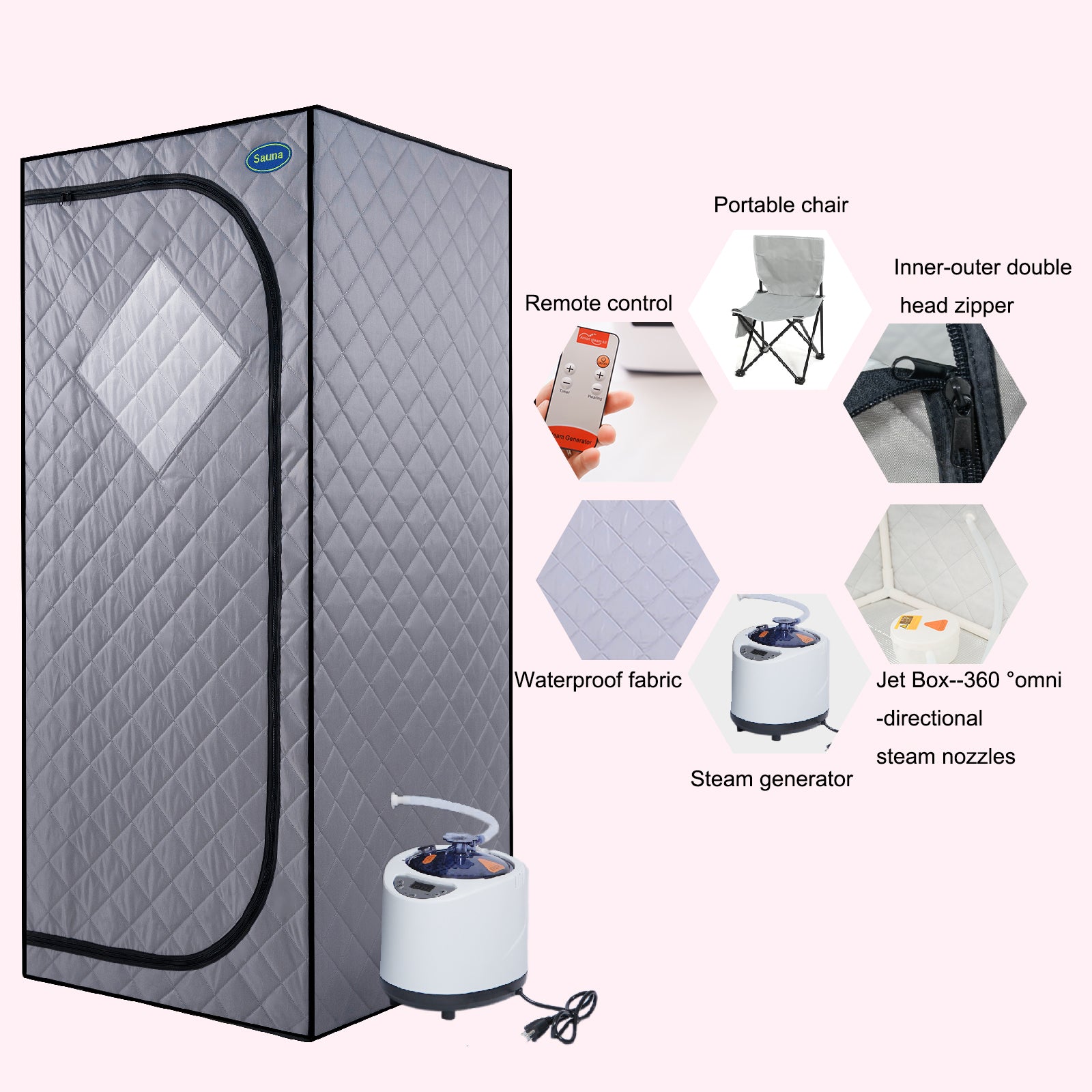 Full Size Portable Grey Steam Sauna Tent – Personal Home Spa with Steam Generator, Remote Control, Foldable Chair, Timer, PVC Pipe Connector, Fast Heating, FCC Certified
