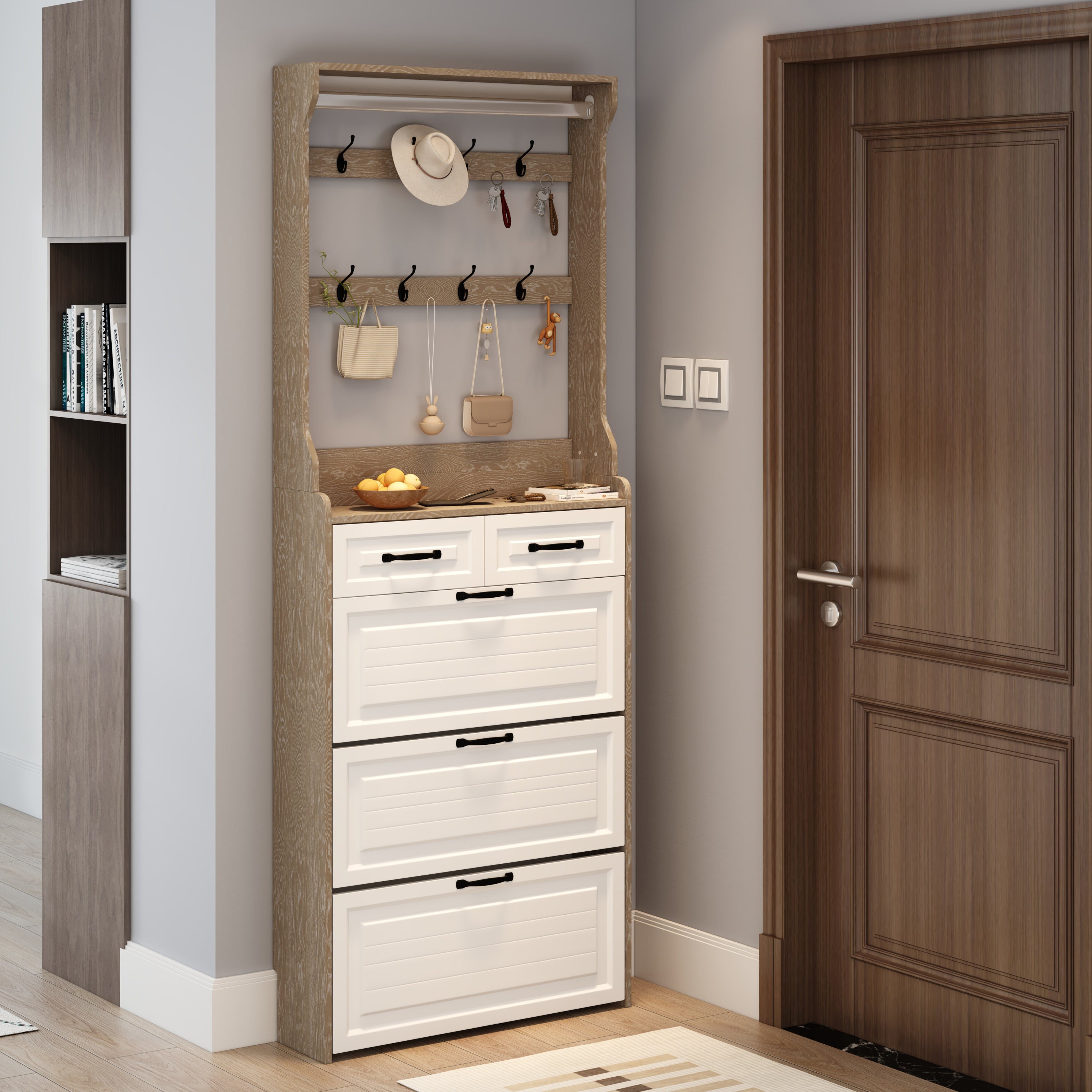 New Oak Color Shoe Cabinet with 3 Doors, 2 Drawers, and Hanger, Large Storage Space for Shoes and Accessories