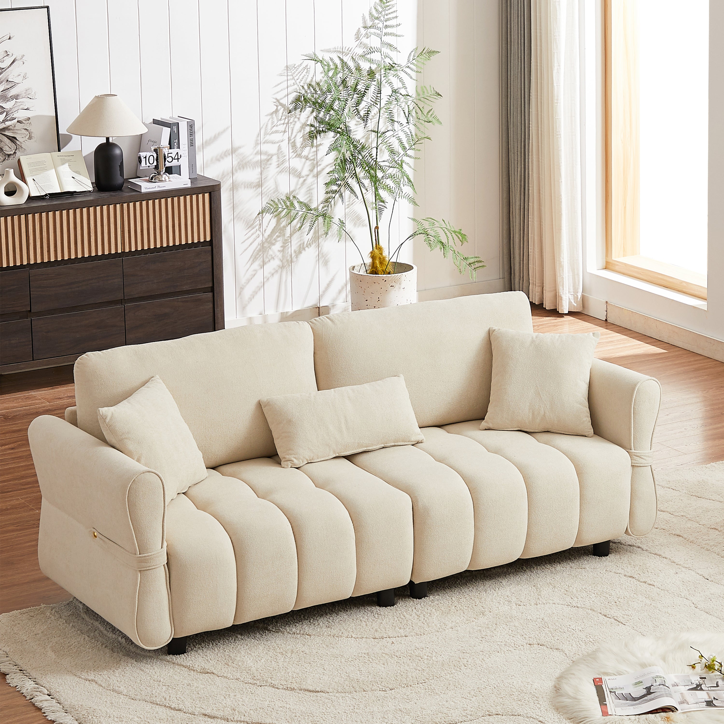80'' Premium Chenille Fabric Sofa with 2 Cushions & 1 Lumbar Pillow, Armrest Strap Design, Upholstered 3-Seater Sofa for Living Rooms, Bedrooms, Apartments & Offices – Beige