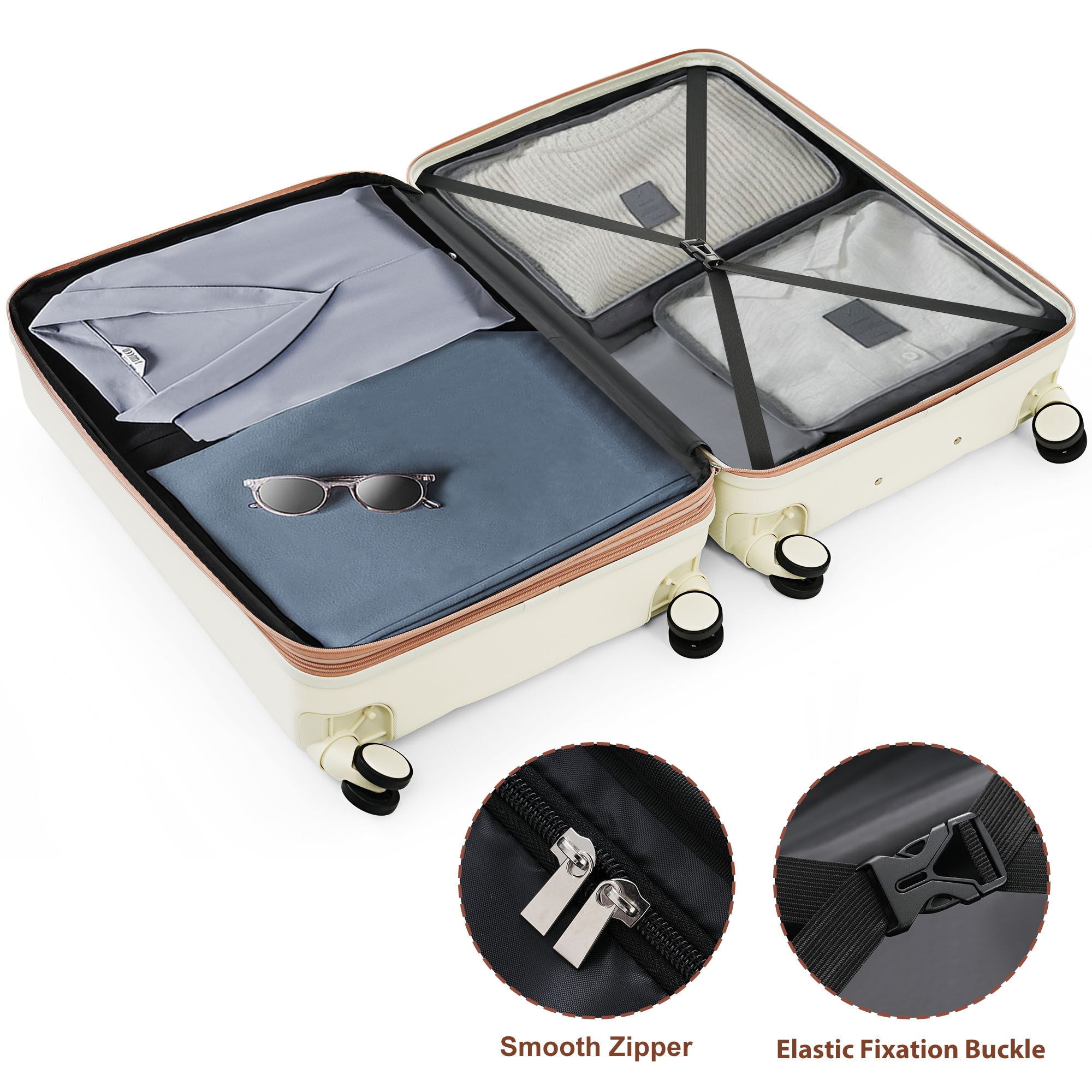 Luggage Set of 3, Airline Certified Carry-on Luggage with Cup Holder, ABS Hard Shell Luggage with Spinner Wheels, white