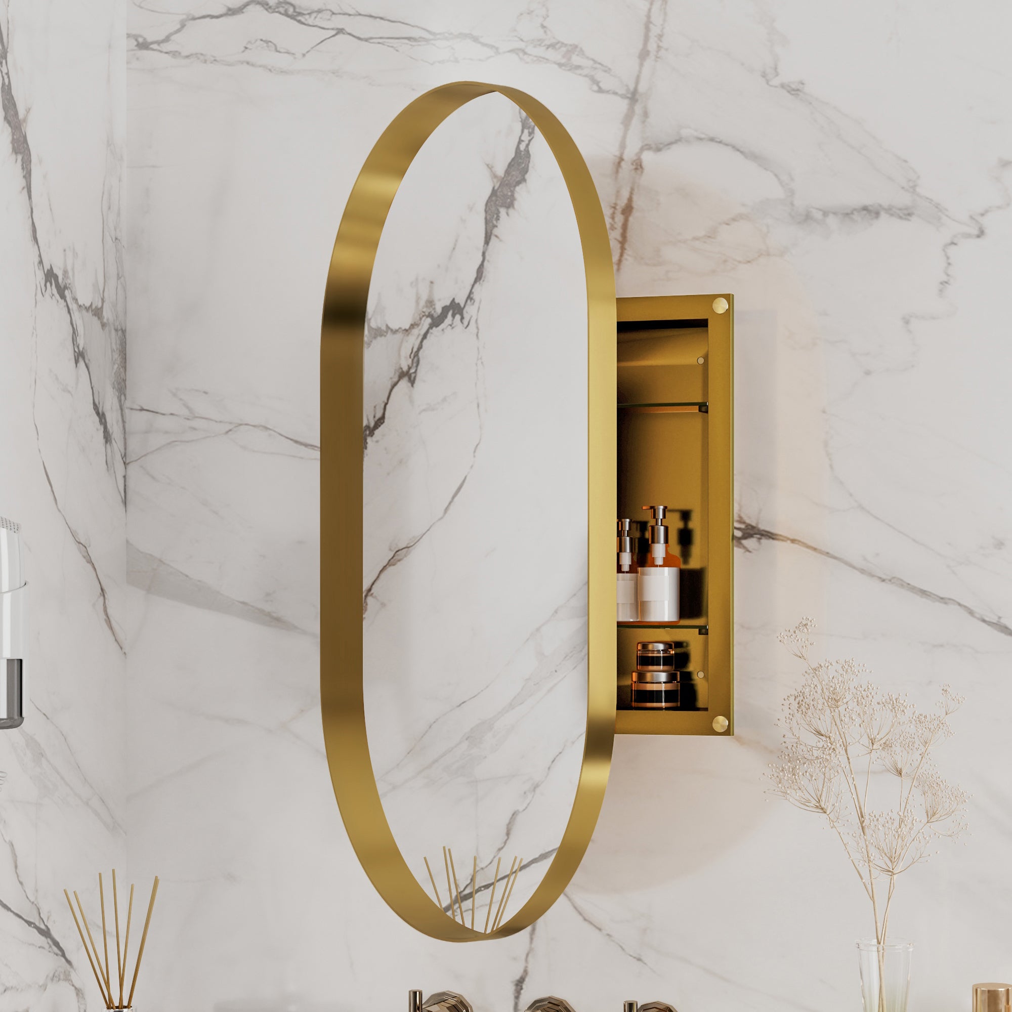 20x34" Oval Recessed Medicine Cabinet, Metal Framed Bathroom Wall Cabinet with Mirror, Adjustable Shelves, Matte Gold Wall Mirror with Storage for Bathroom