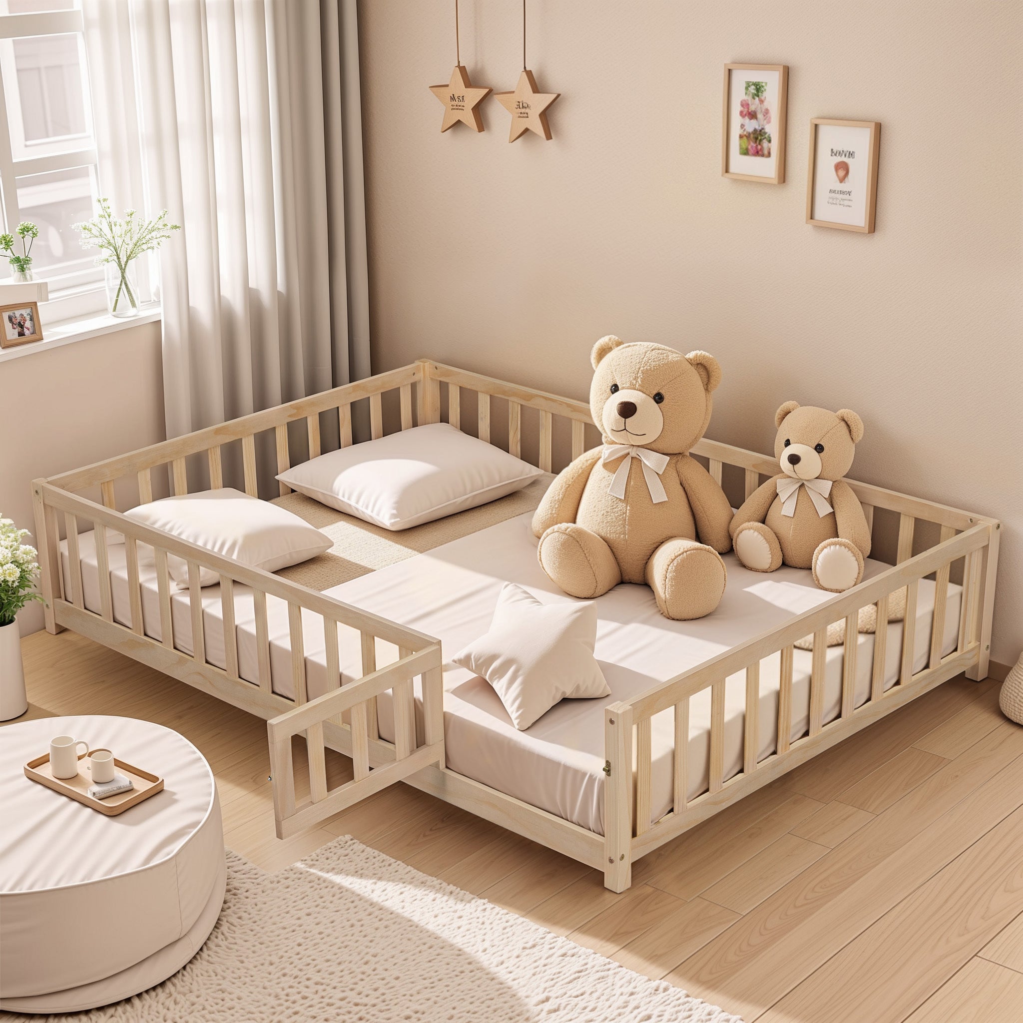 Full Size Montessori Floor Platform Bed with Fence & Door for Kids, Wooden Floor Bed Frame with Support Slats for Toddlers – Natural