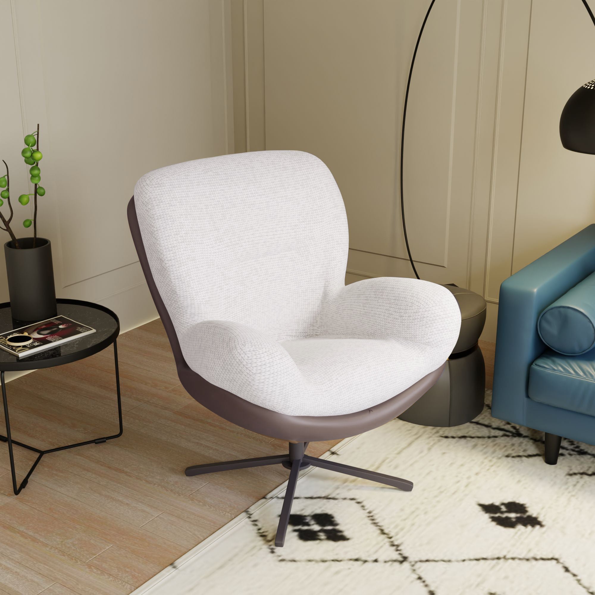 360° Swivel Office Chair, Modern Chenille Chair with Faux Leather and Black Metal Base Frame, No Wheels, Accent Chair for Small Spaces, Living Room, Bedroom, Reading Corner, Office (White)