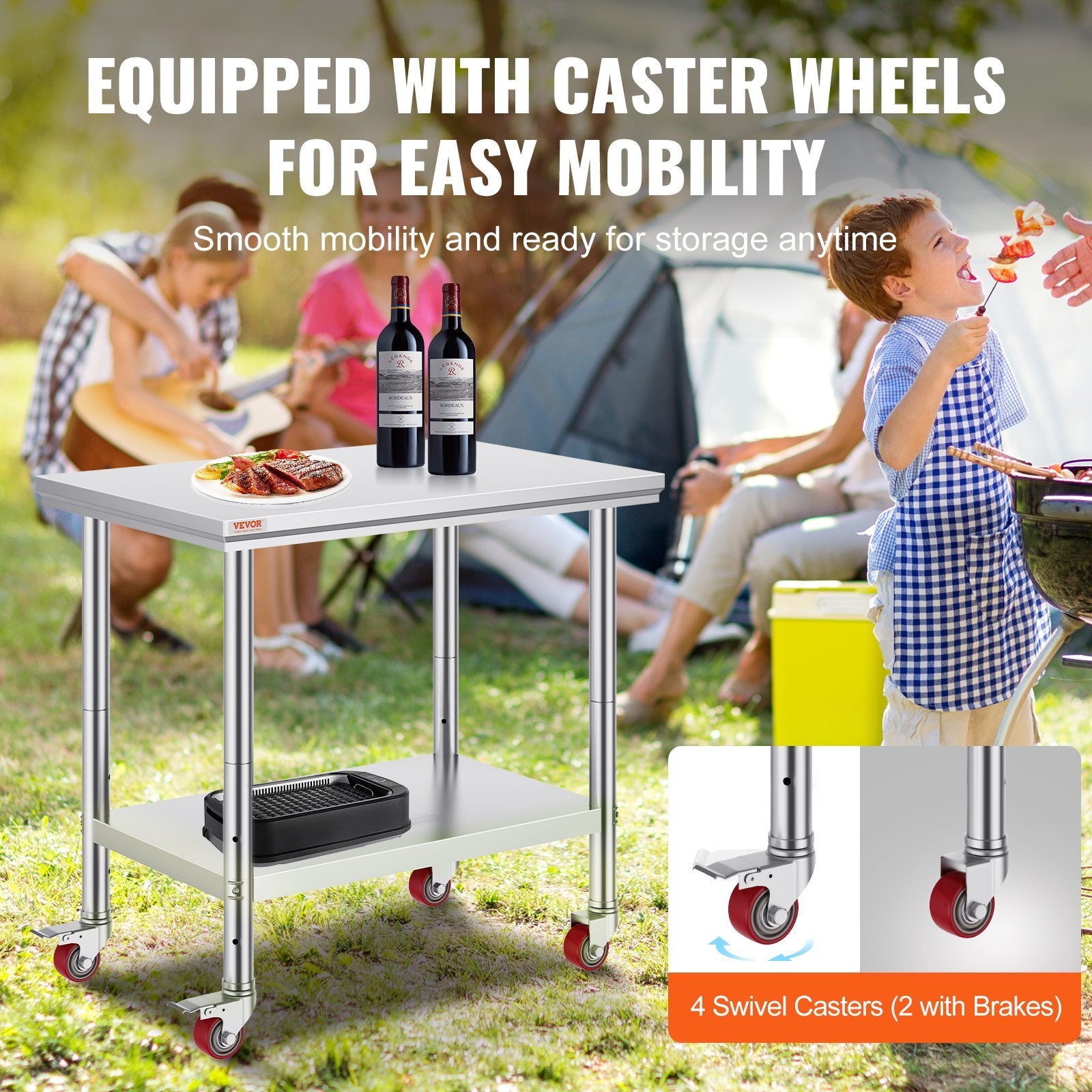 36x24 Inch Stainless Steel Work Table with Wheels | Heavy-Duty Commercial Food Prep Table with Casters
