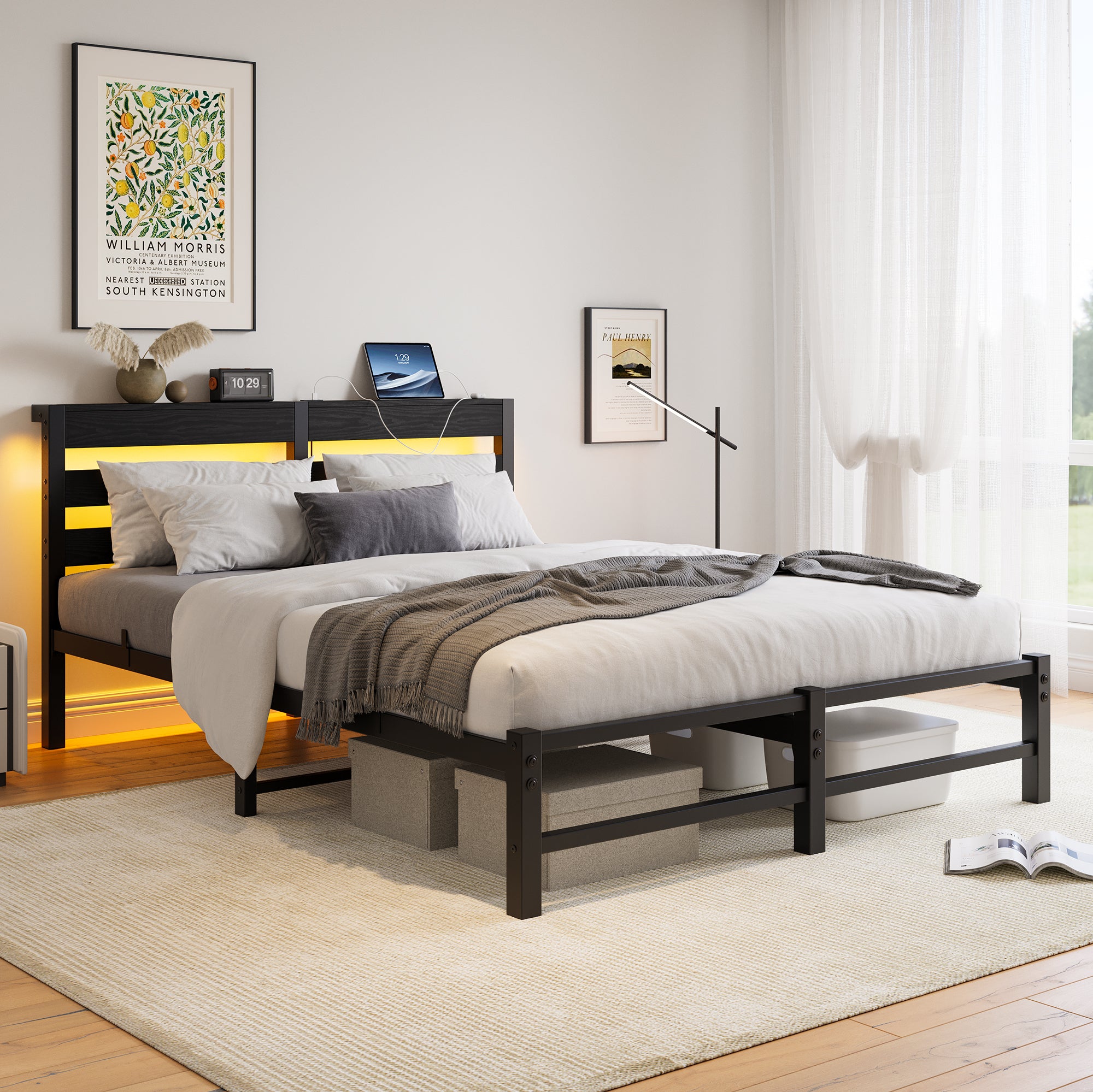 Black Queen Bed Frame with RGB Headboard Lights, USB Charger & Storage Shelf