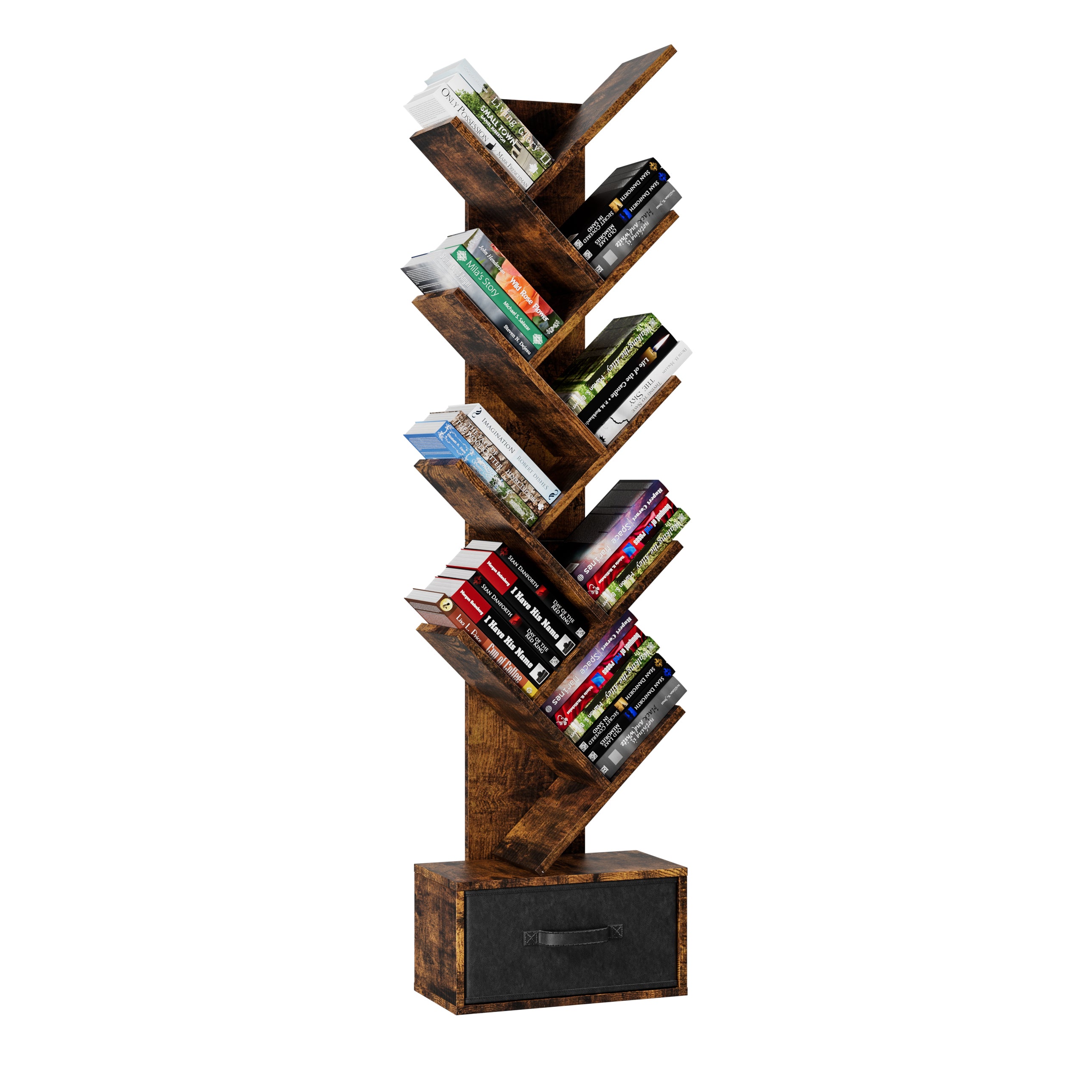 9 Tier Tree Bookshelf with Drawer Bookcase, Modern Book Storage, Free Standing Tree Bookcase, Utility Organizer Shelves for Home Office, Living Room, Bedroom, Rustic Brown
