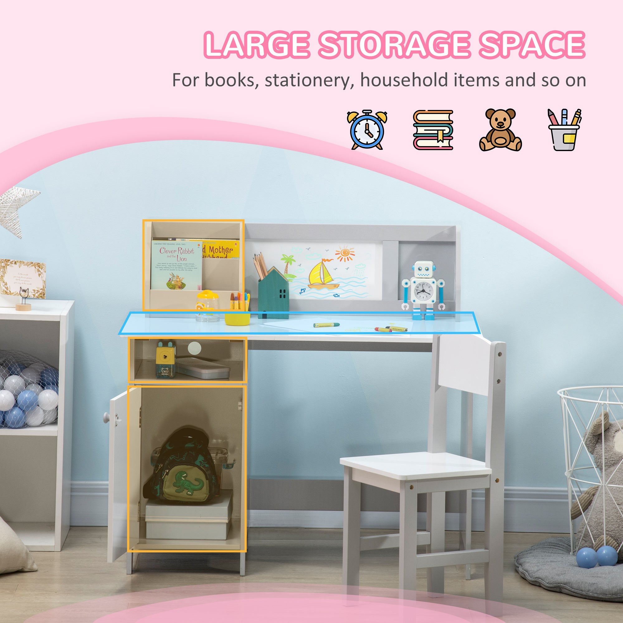 Qaba Toddler Desk and Chair Set | Kids Writing Desk w/ Whiteboard and amp; Storage (Gray)