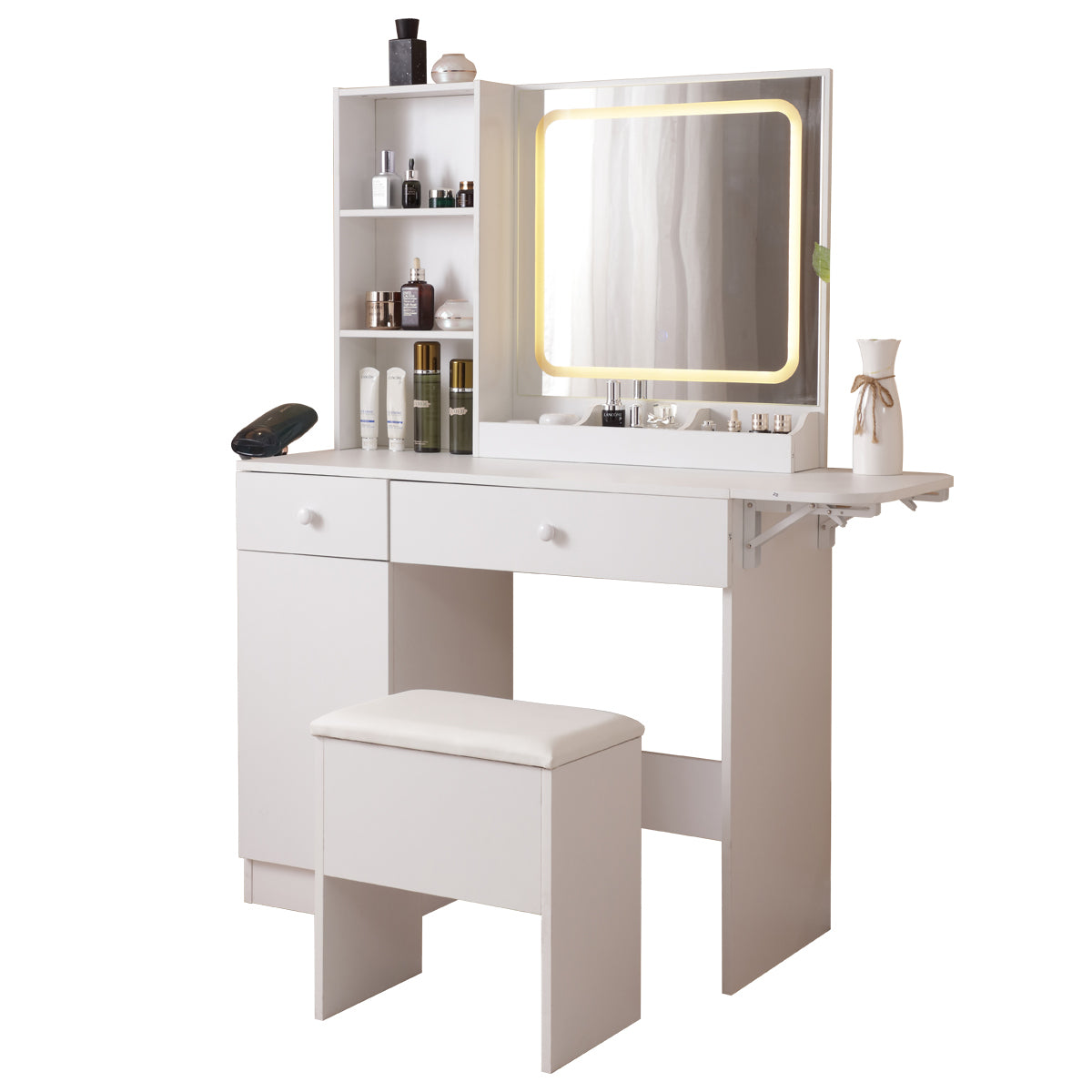 White Vanity Desk with Lighted Mirror & Power Outlet | Makeup Table with Storage Drawers & Cabinet