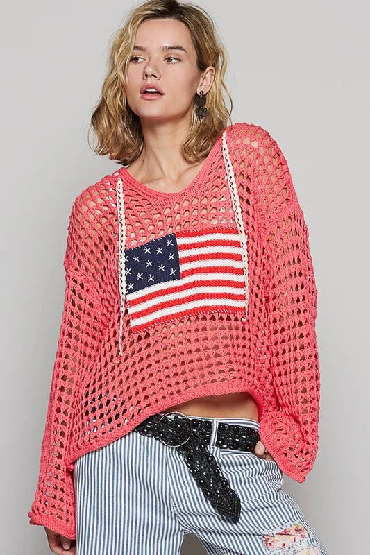 POL US Flag Hollow Out Long Sleeve Knit Cover Up