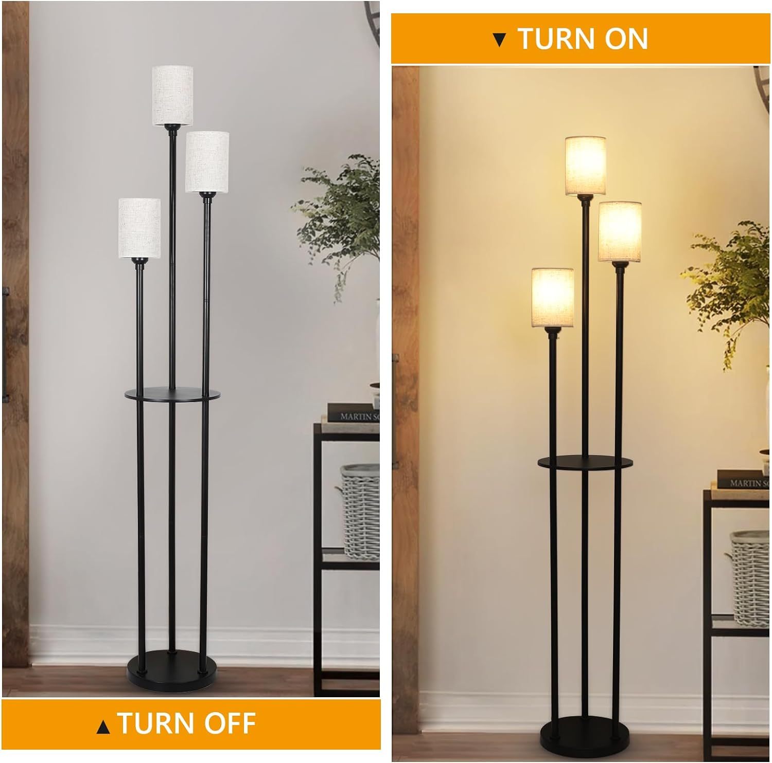 Floor Lamp with Shelves, Modern Floor Lamps for Living Room, 3-Lights Standing Lamp with Linen Shade and Foot Switch, Industrial Standing Lamps for Bedroom, Black Tall Table Lamp for Office