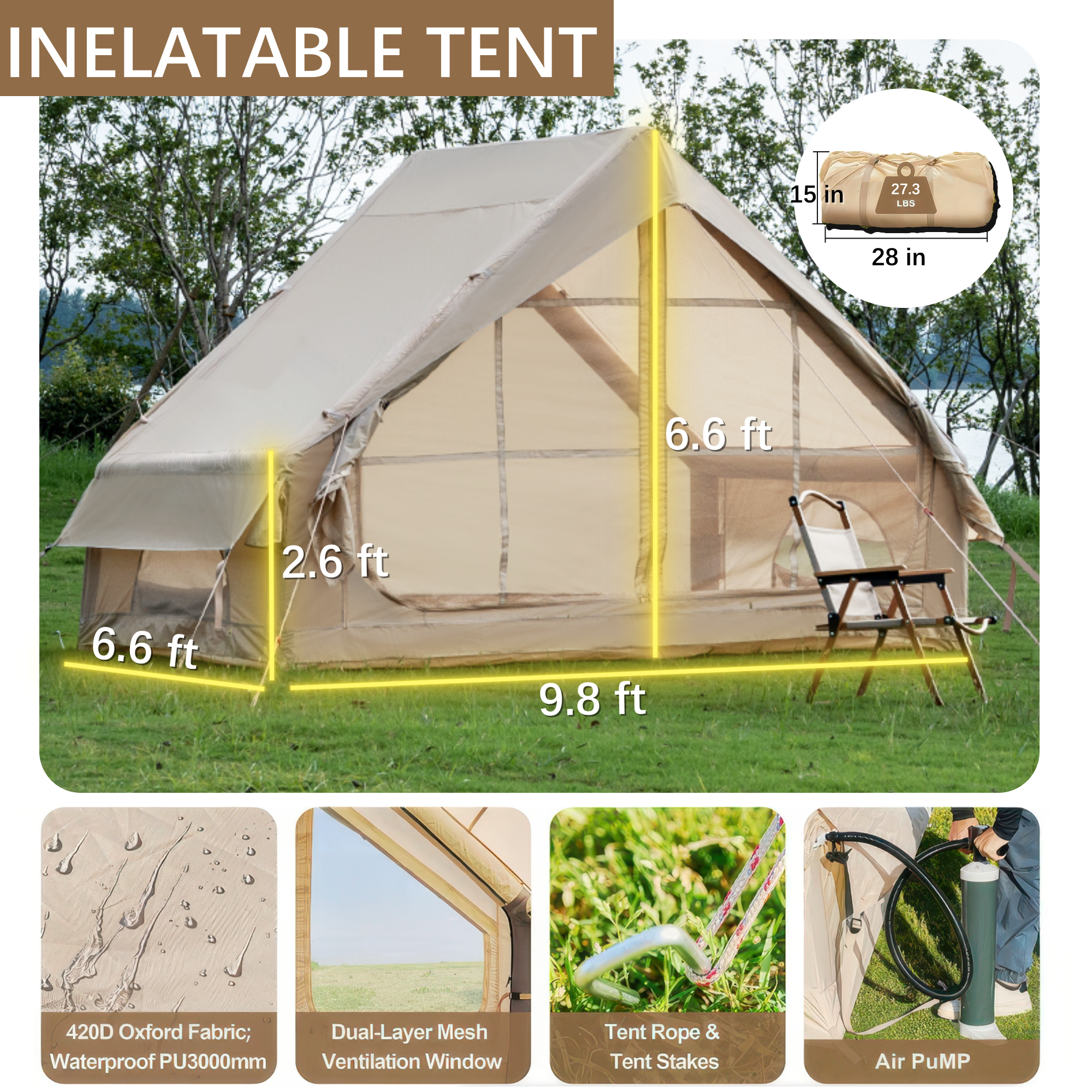 Inflatable Glamping Tent with Pump – 4-6 Person Luxury Waterproof 4-Season Camping Tent, 12 Mesh Windows, Easy Setup Outdoor Shelter