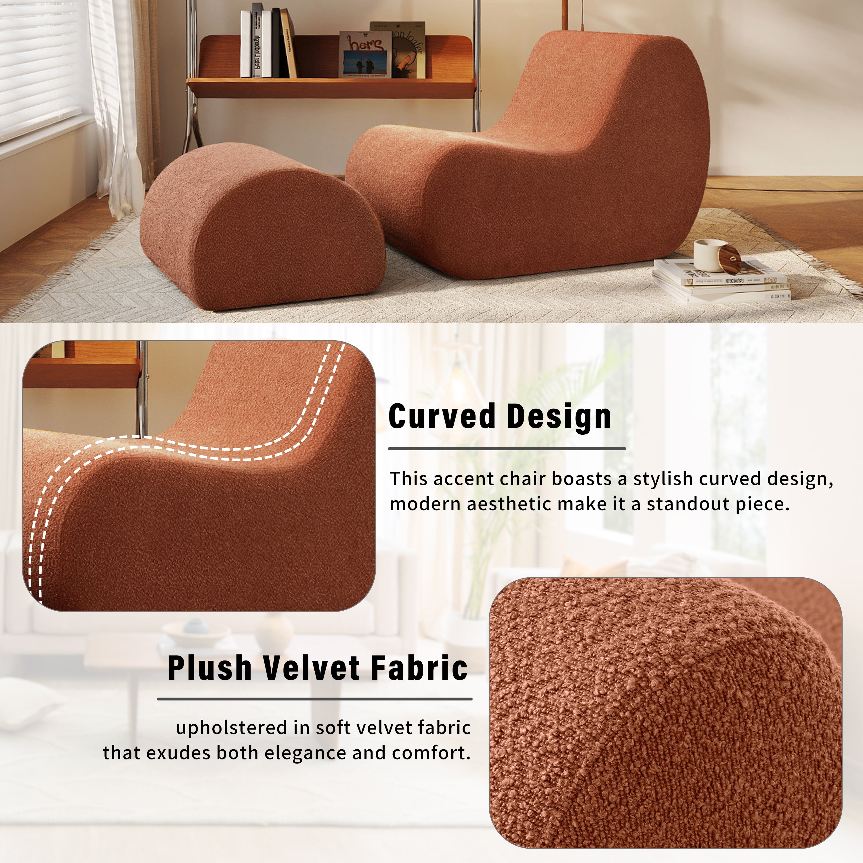 Mirod Elegant Accent Chair with Ottoman,Stylish Curved Design and Minimalist Lines for Ultimate Comfort, High-Resilience Foam for Luxurious Seating