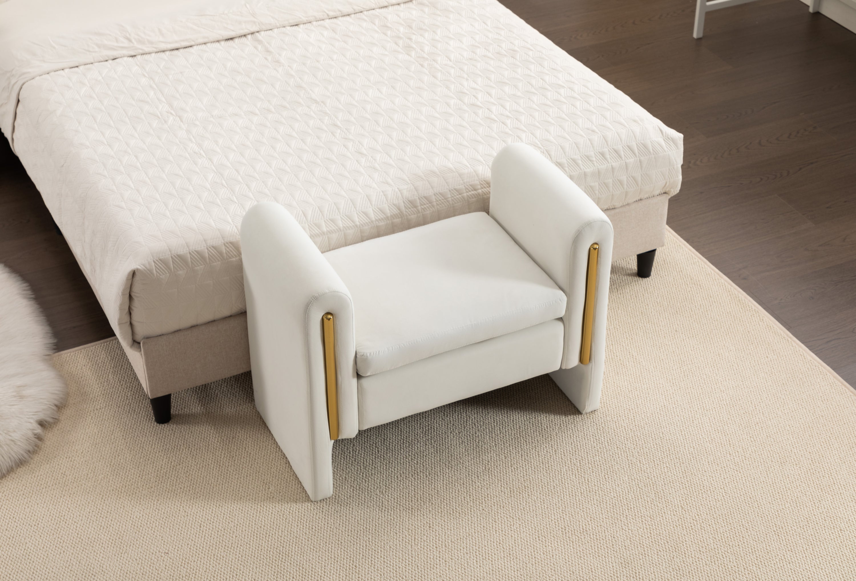 031-Velvet Fabric Single Bench Shoe Bench Makeup Bench For Bedroom Indoor,Ivory