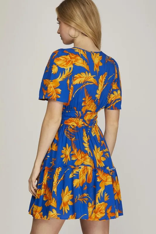 She + Sky Full Size Printed Notched Short Sleeve Frill Tiered Dress Plus Size