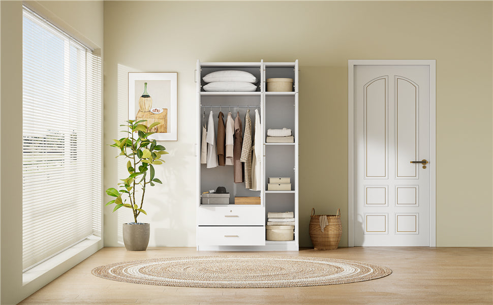 3-Door Mirror Wardrobe with 2 Drawers and Top Cabinet, White