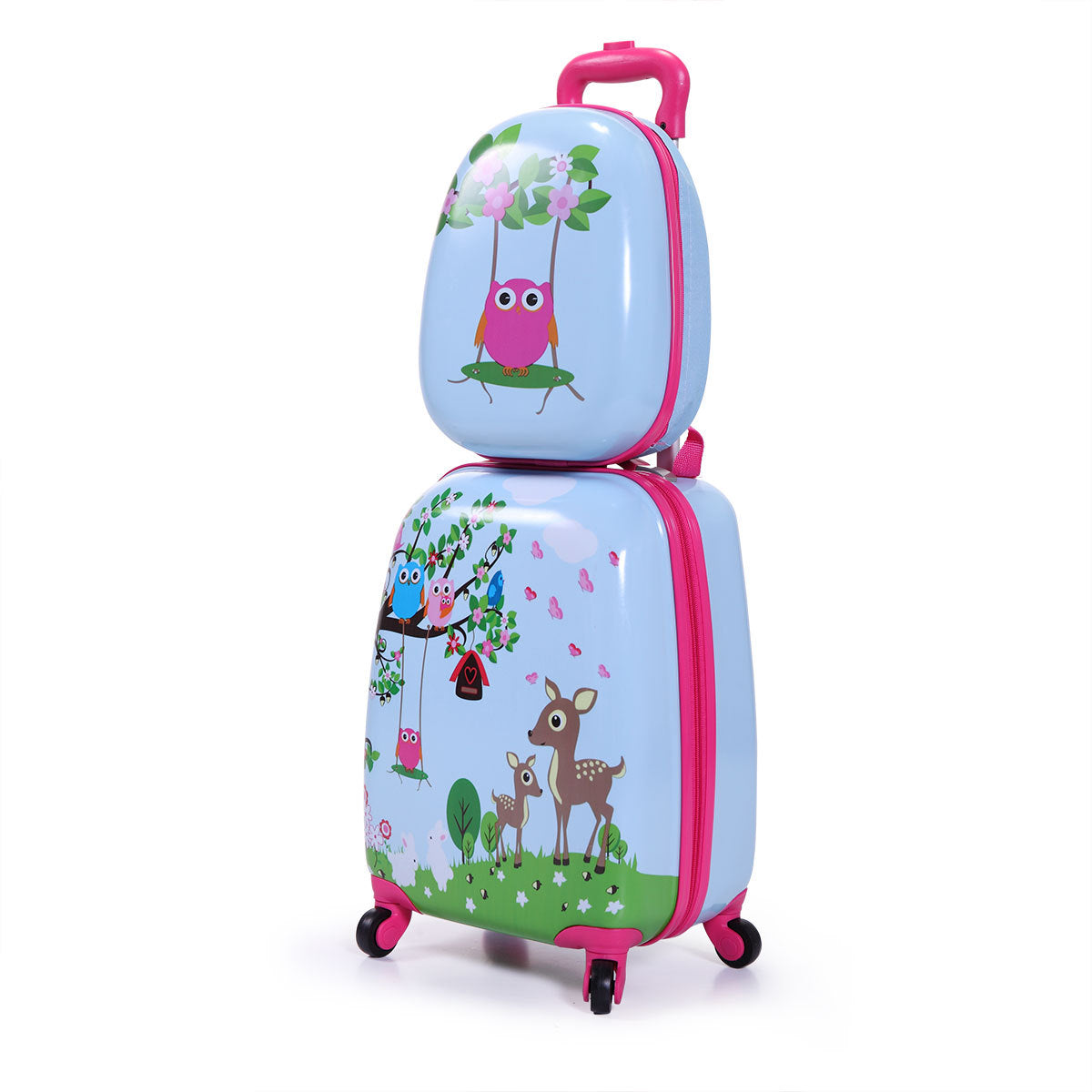2 PCS Kids Luggage Set, 12' Backpack and 16' Spinner Case with 4 Universal Wheels, Travel Suitcase for Boys Girls, Light Blue with Animal Patterns