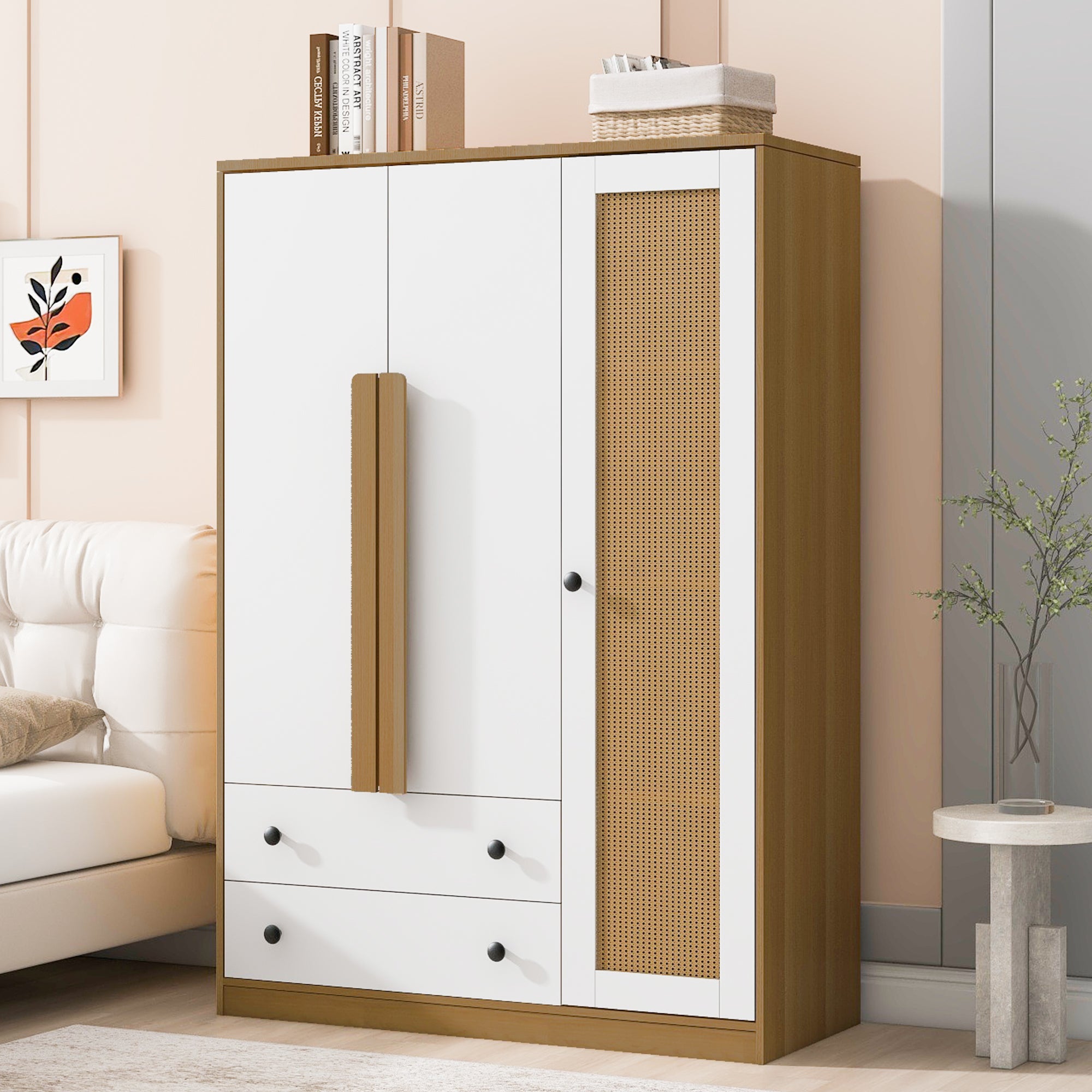 3-Doors Wooden Rattan Wardrobe Storage for Bedroom,with 2 Drawers,White+Nature
