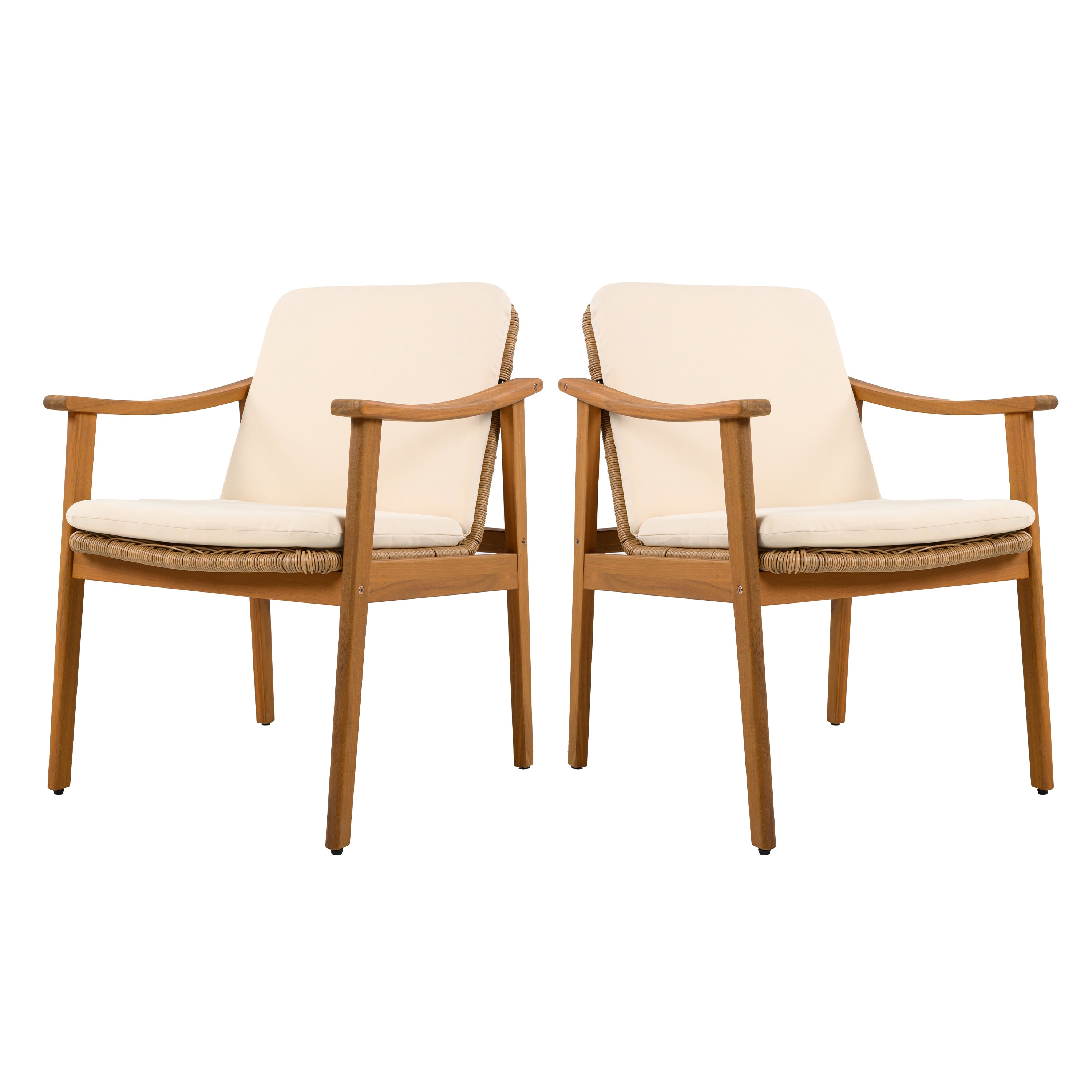 Outdoor Dining Chairs Set of 2, Teak Color Acacia Wood Frame, Brown PE Wicker, Beige Waterproof Cushion, Ideal for Patios, Gardens