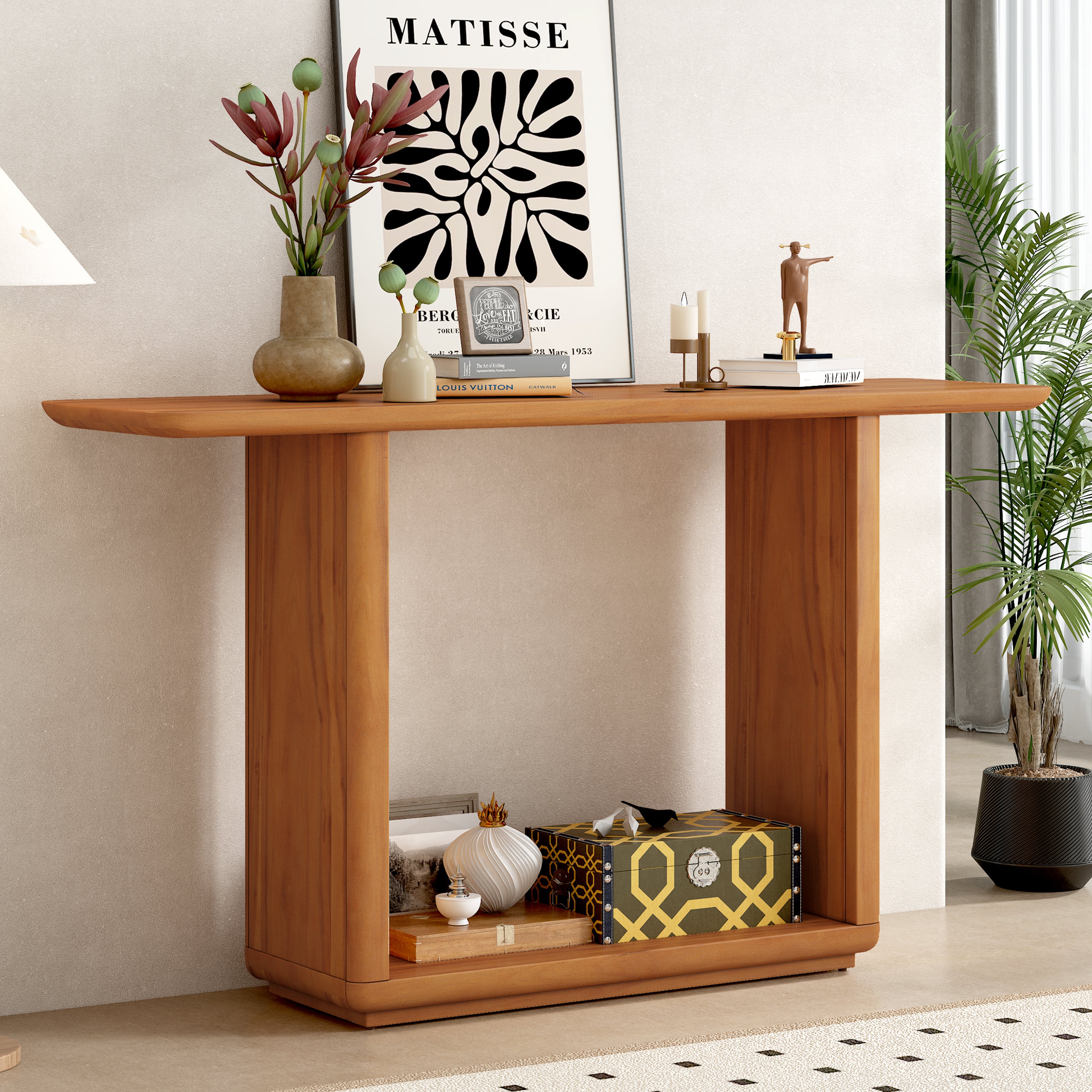 Mirod Elegant Minimalist Console Table with Curved Corners – Natural Wood Veneer, U-Base Design, Easy Assembly, Perfect for Entryway, Living Room, or Display