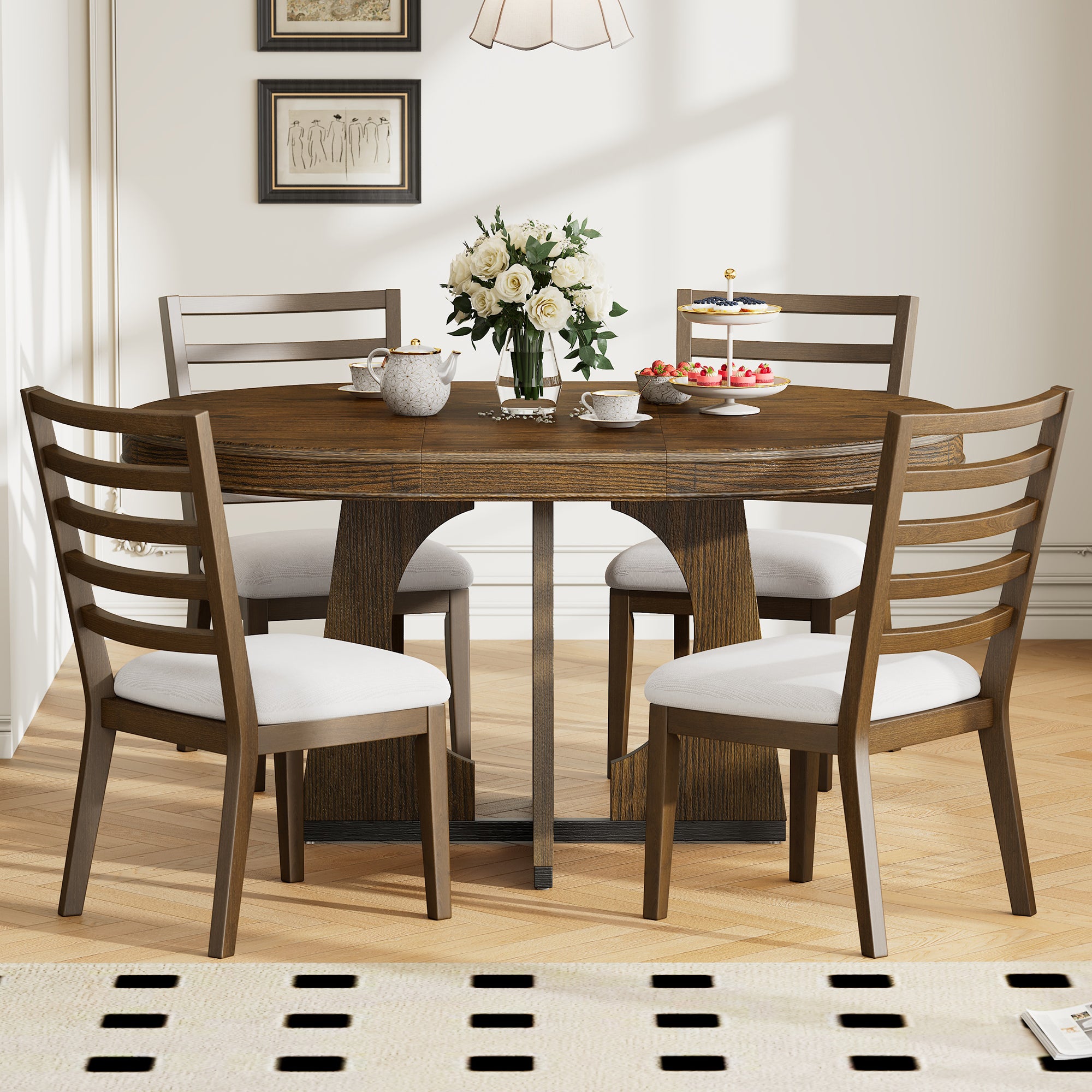 TREXM 5-Piece Round Dining Table Set for 4 – Extendable Dining Table with 16" Removable Leaf and Chairs, Retro Geometric Design for Kitchen or Dining Room, Walnut Finish