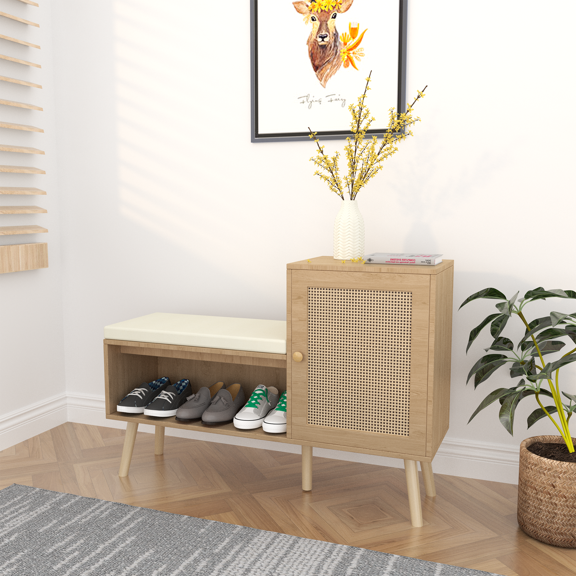 2-in-1 Shoe Storage Bench, Natural Rattan Shoe Cabinet with Adjustable Shelves & Removable Seat Cushion – Modern Entryway Bench, Shoe Storage Organizer for Hallway, Bedroom