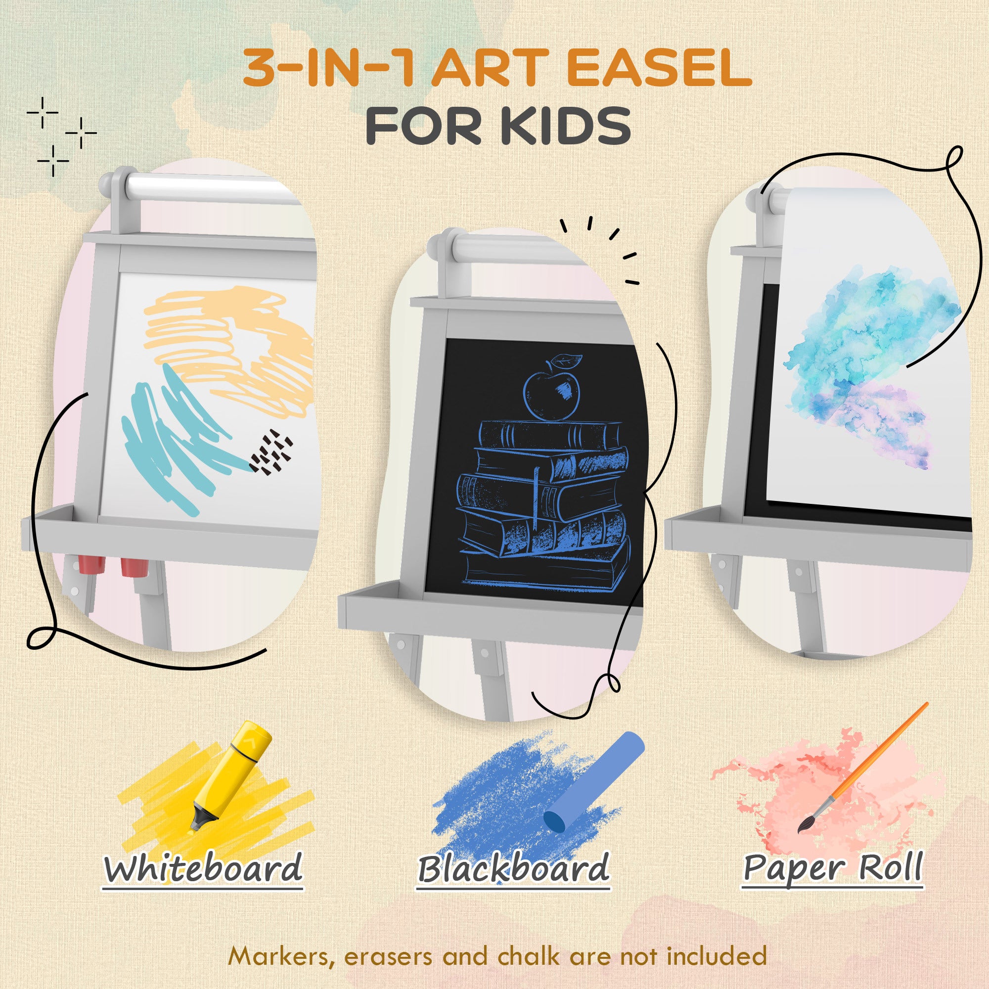 Qaba Double-Sided Kids Art Easel | Magnetic Whiteboard, Chalkboard & Paper Roll (Gray)