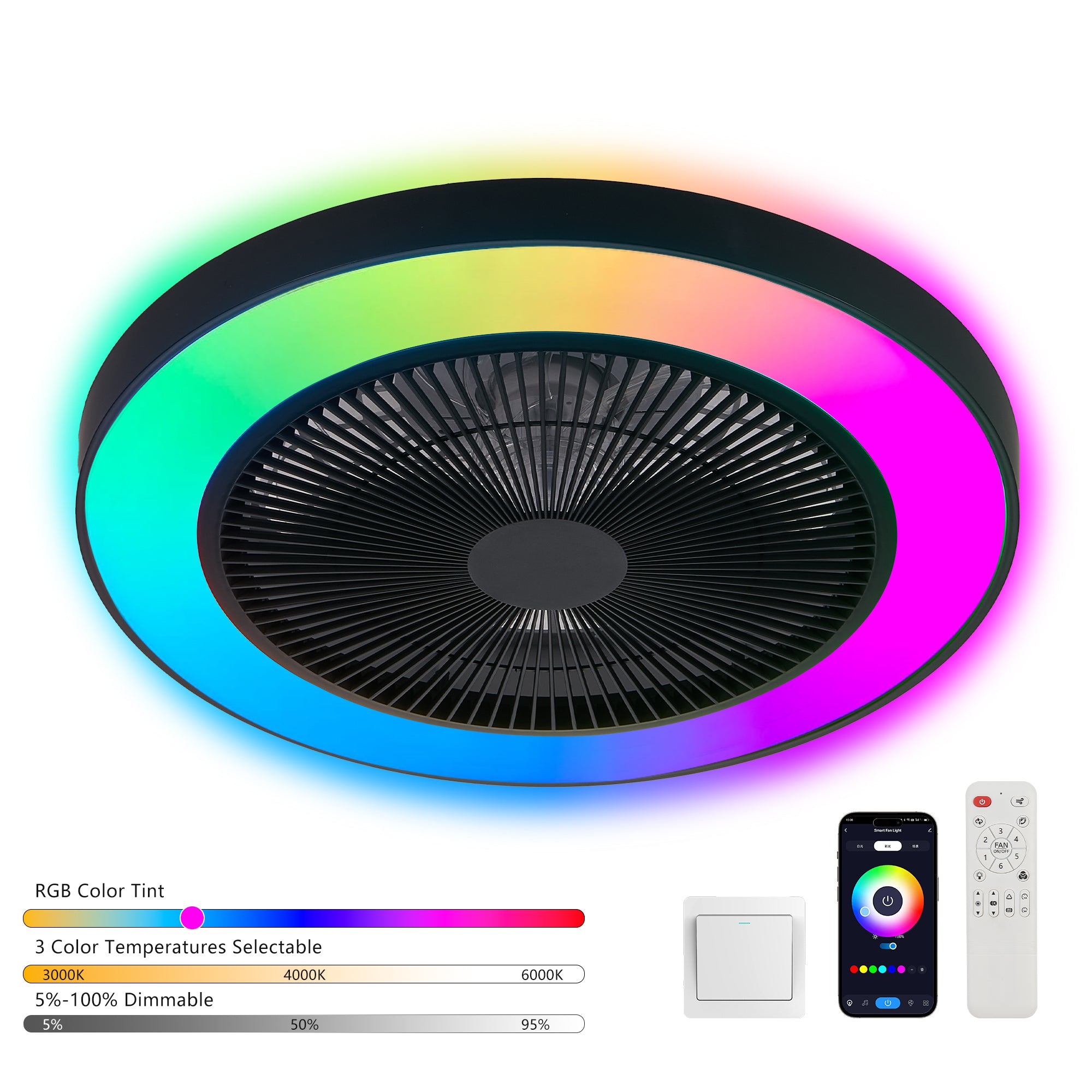 19-inch Black Ceiling Fan Light with LED RGB – Dimmable & Color-Changing, APP & Remote Control, Modern Smart Ceiling Fan for Living Room, Bedroom, and Dining Room (Silent/6-Speed/Reversible/DC Motor)