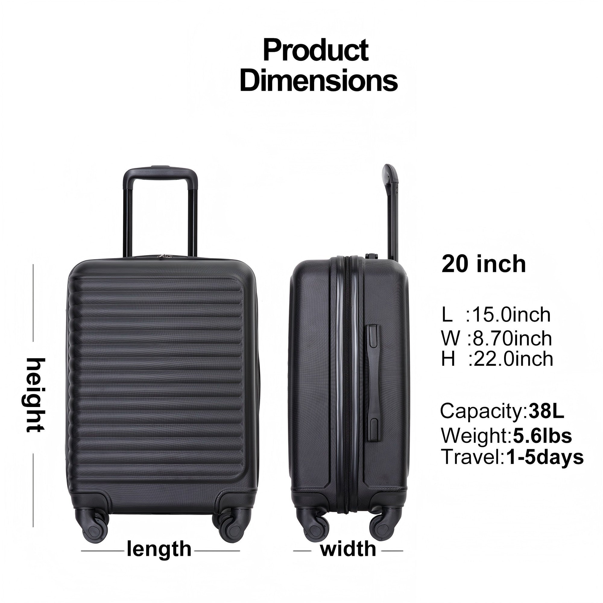 Lightweight 20' Carry On Luggage Suitcase with Spinner Wheels, Black ABS