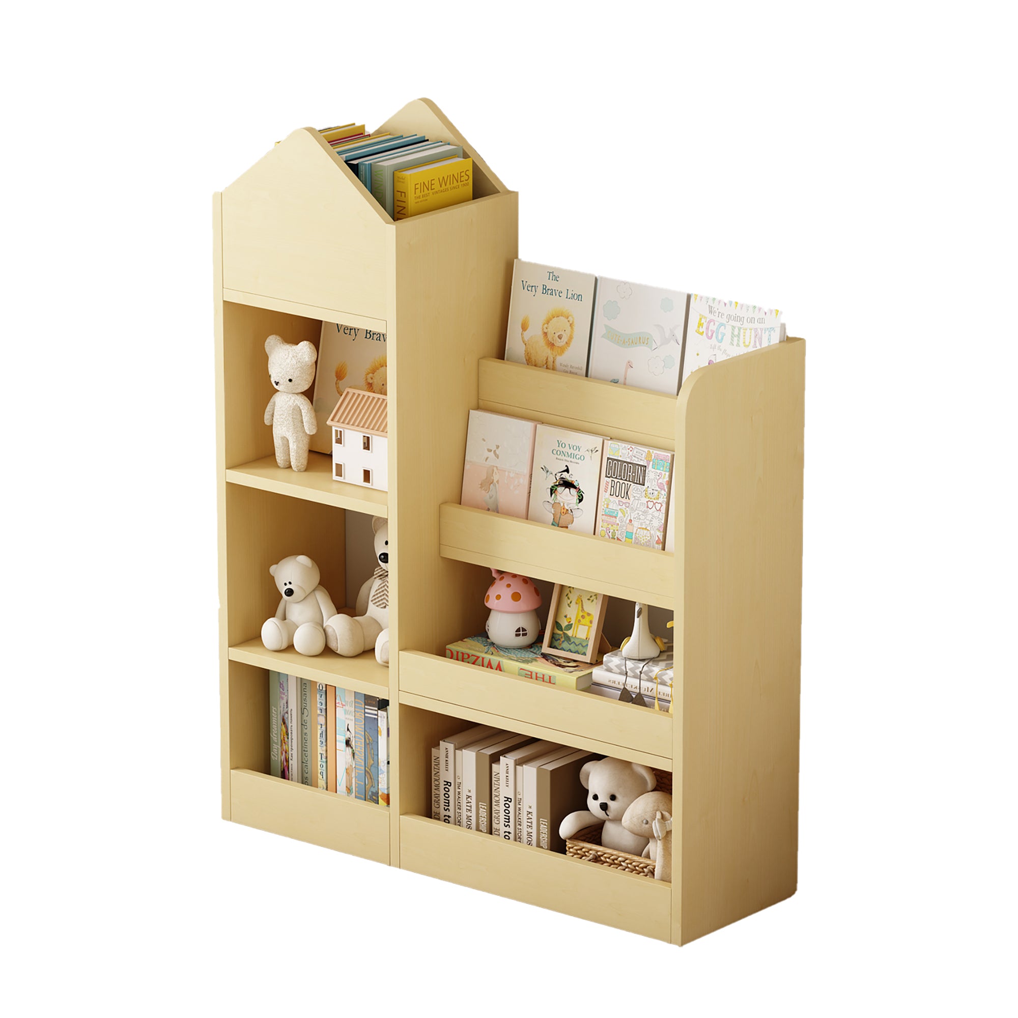Wooden Kids Bookshelf & Toy Storage Organizer – 6-Compartment Kid’s Bin Storage Unit with 2 Basket Bins, Multi-Shelf Cubby for Books & Toys
