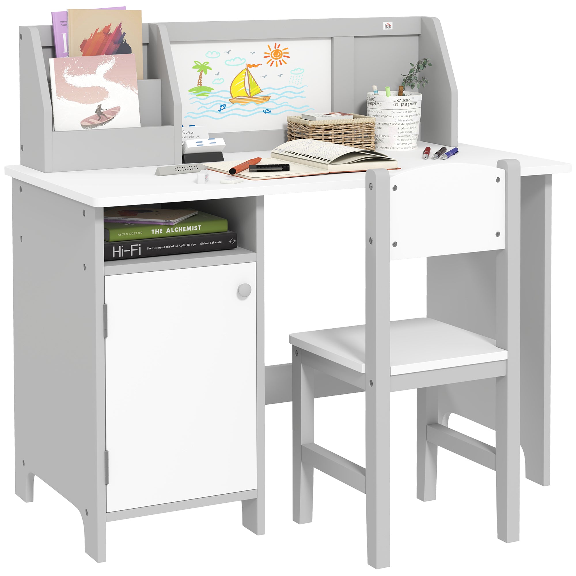 Qaba Toddler Desk and Chair Set | Kids Writing Desk w/ Whiteboard and amp; Storage (Gray)
