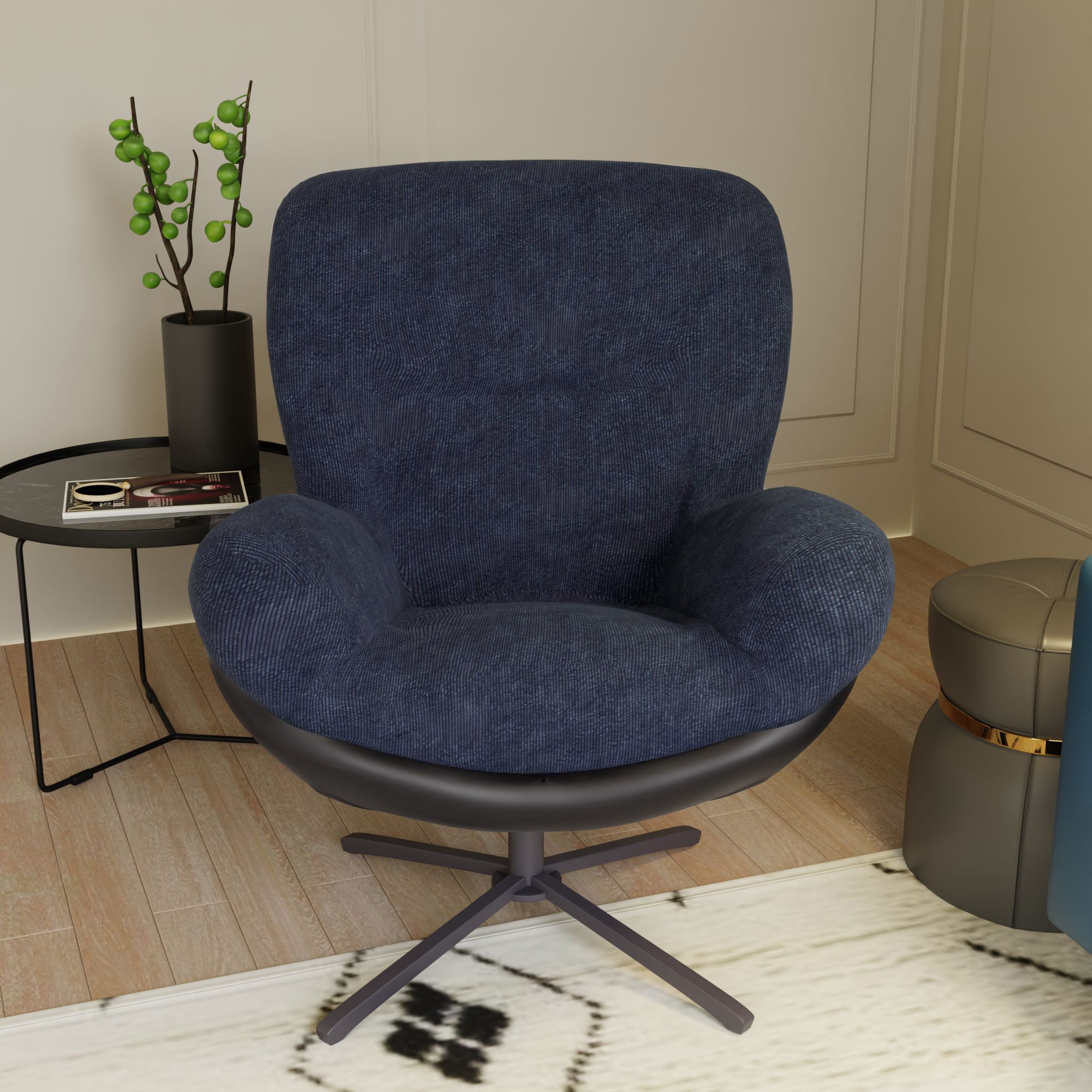 360° Swivel Office Chair, Modern Chenille Chair with Faux Leather and Black Metal Base Frame, No Wheels, Accent Chair for Small Spaces, Living Room, Bedroom, Reading Corner, Office, Dark Blue