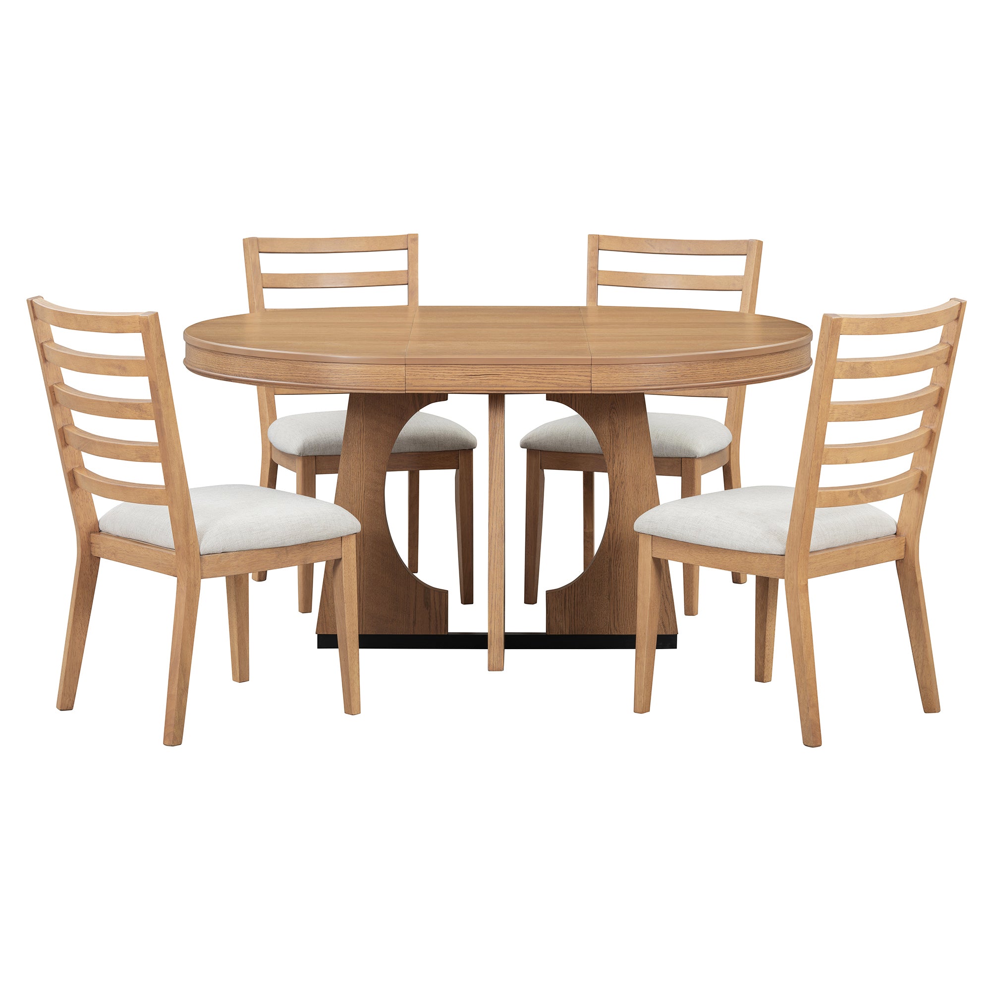 TREXM 5-Piece Retro Rustic Functional Dining Set – 1 Extendable Table with 16-Inch Leaf and 4 Upholstered Chairs, Unique Geometric Design, Ideal for Dining Room and Kitchen (Natural)