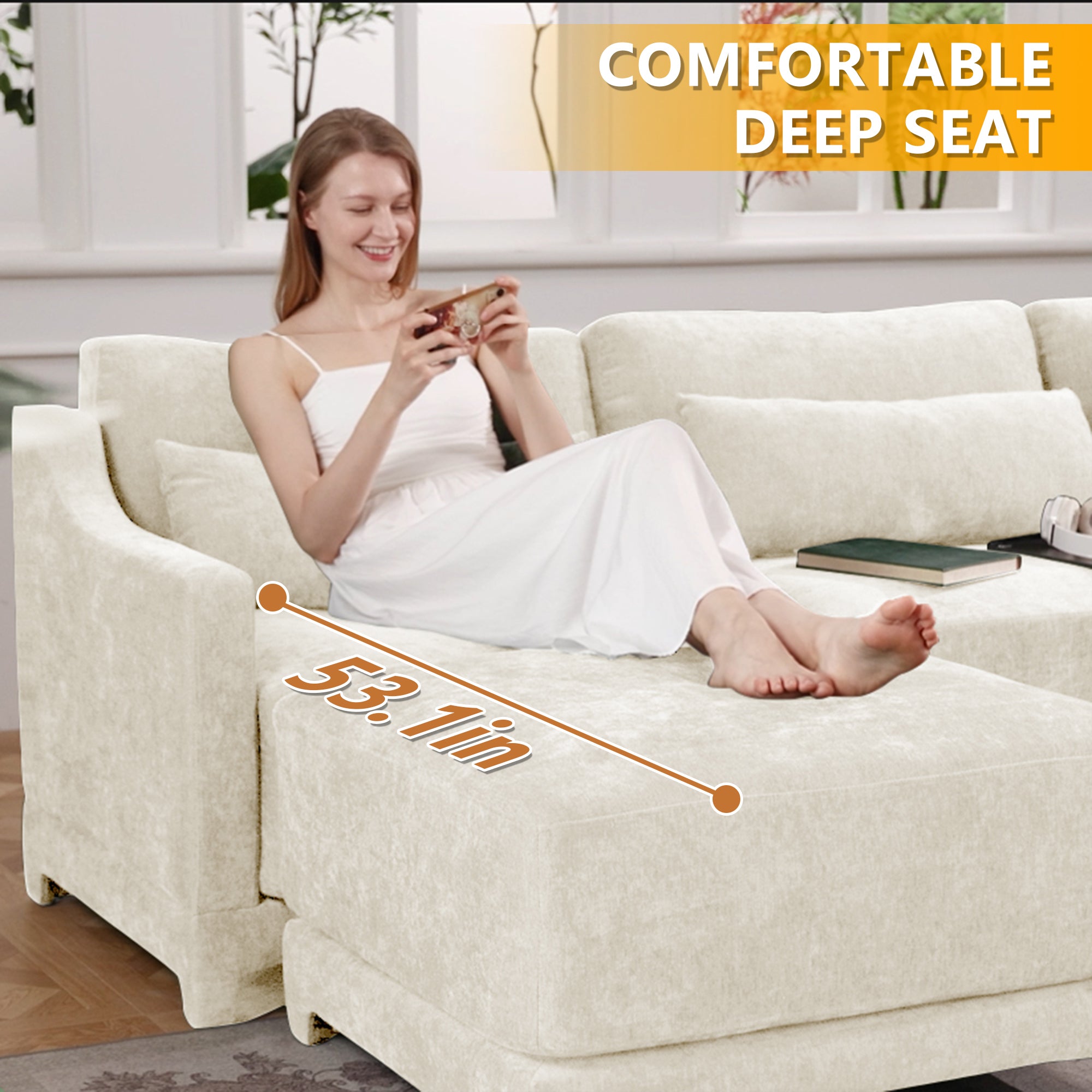 Three-Seater Sofa with 2 Movable Ottomans & Lumbar Pillow – Beige Chenille Fabric, High-Resilience Sponge, Wooden Base, Elegant Armrests, Easy Assembly – Ideal for Living Rooms & Studies