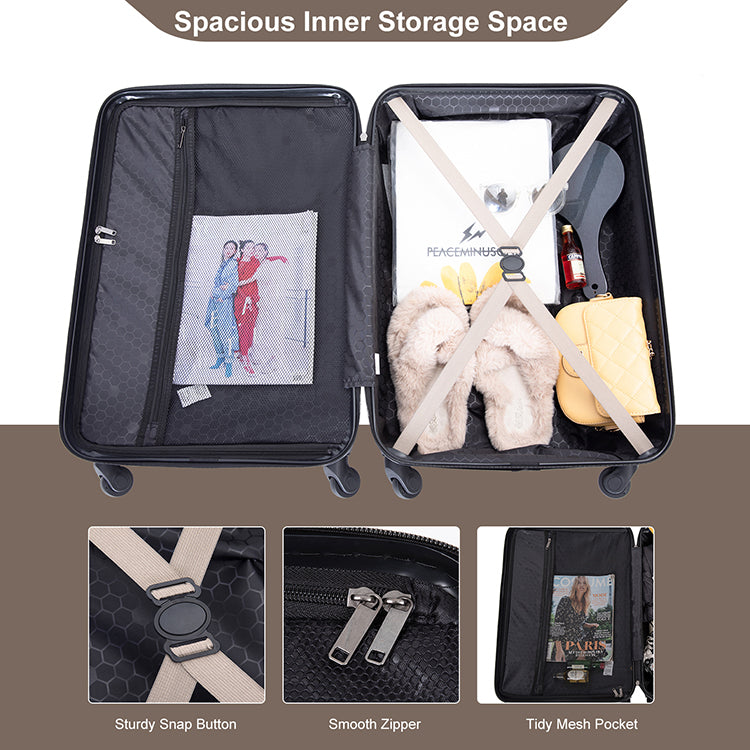 3 Piece Luggage Sets ABS Lightweight Suitcase with Two Hooks, Spinner Wheels, TSA Lock, (20/24/28) GOLD