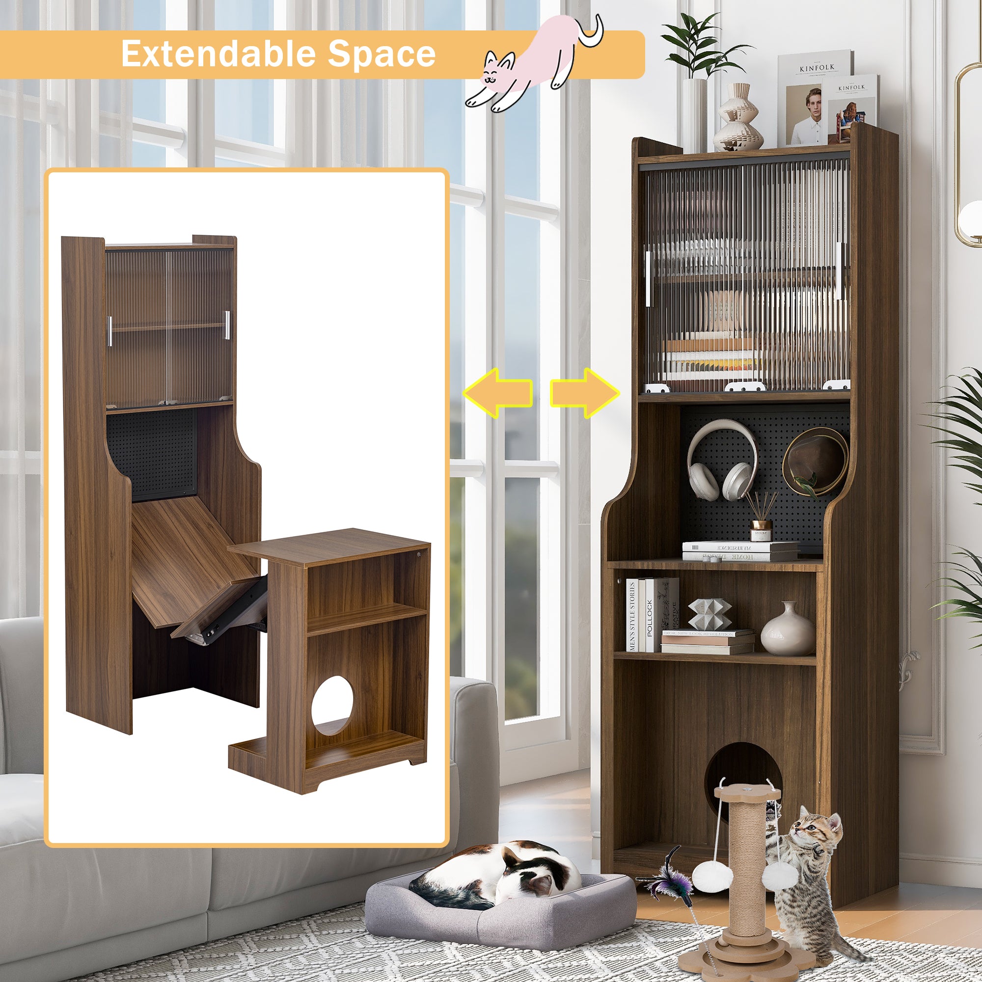 Mid-Century Modern Walnut Vintage Multi-use Cabinet With Cat scratcher Bed cat friendly furniture