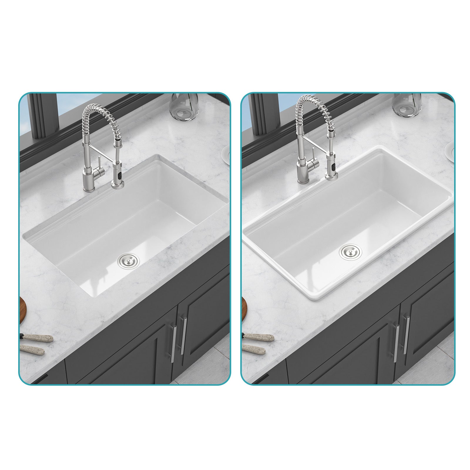 Undermount White Kitchen Sink Workstation - 33 inch White Porcelain Ceramic Single Bowl Dual Mount Kitchen Sink